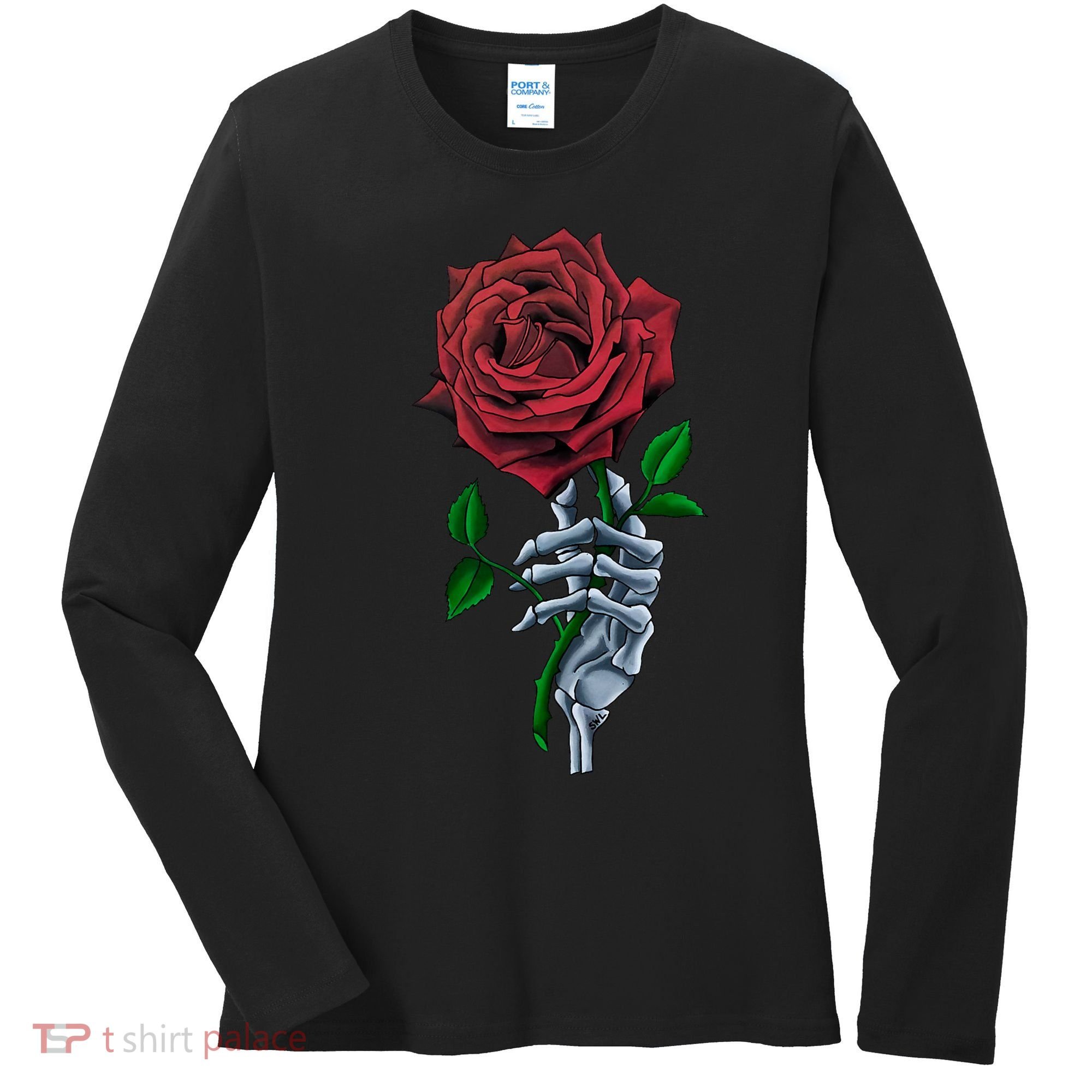 Skeleton Hand Red Rose Flower Women's Long Sleeve Shirt