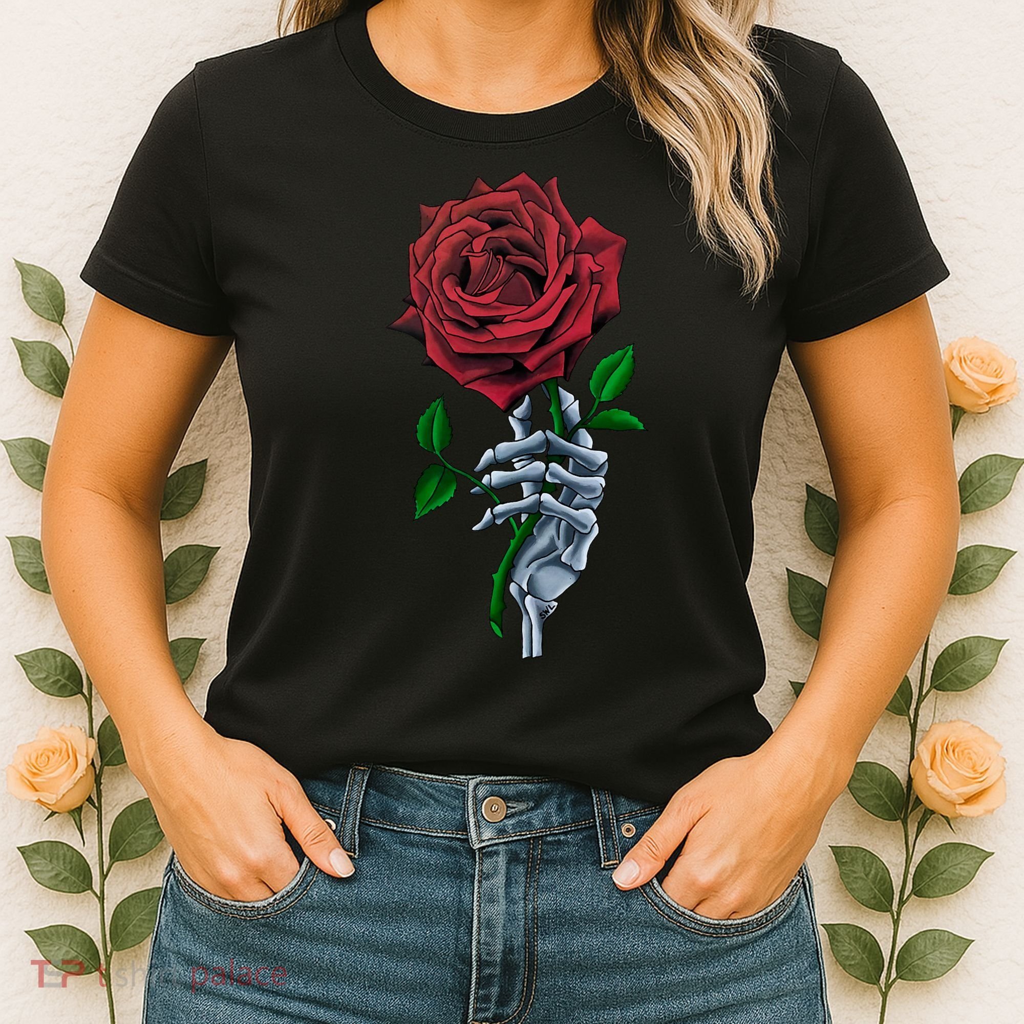Skeleton Hand Red Rose Flower Women's T-Shirt