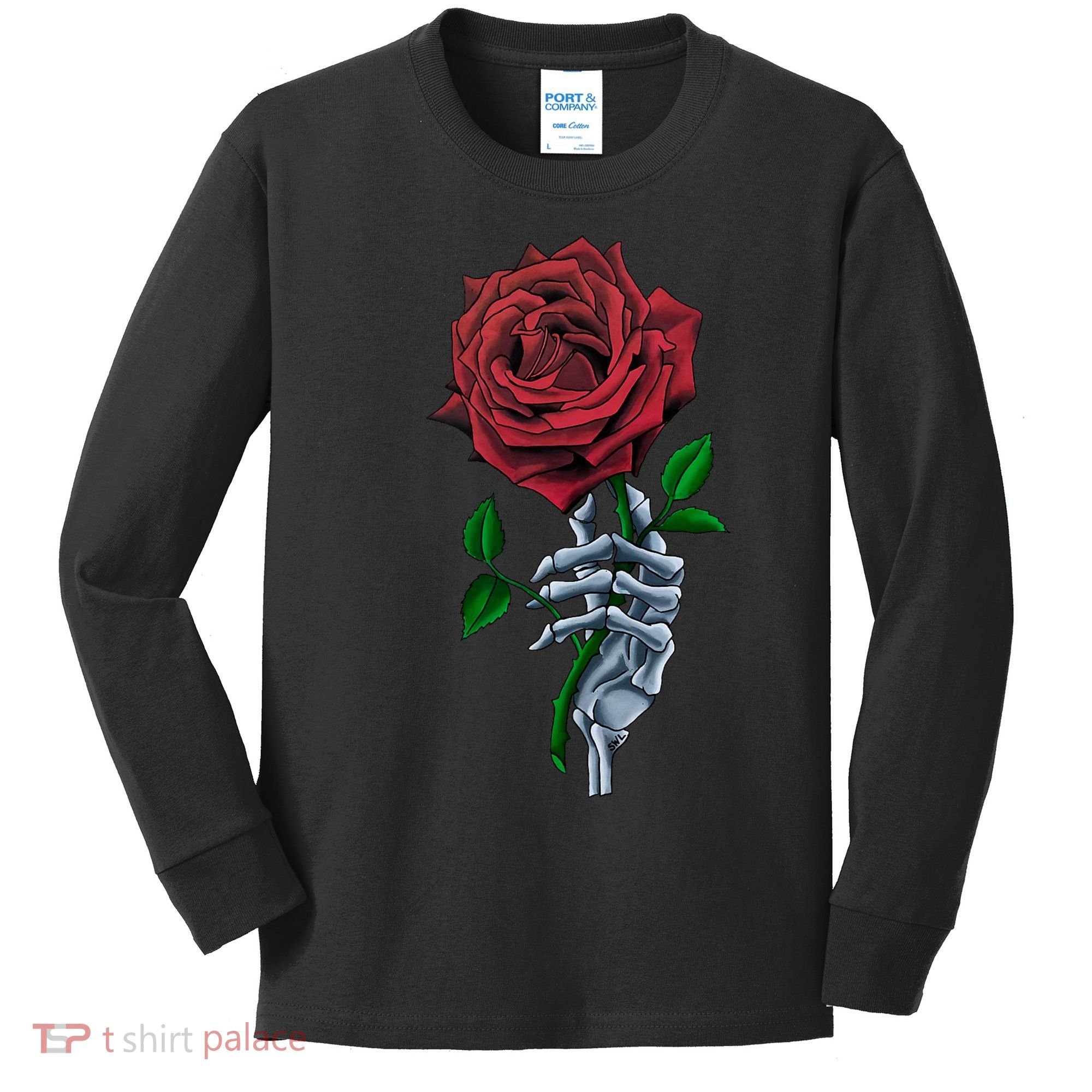 Skeleton Hand Red Rose Flower Kids Long Sleeve Shirt