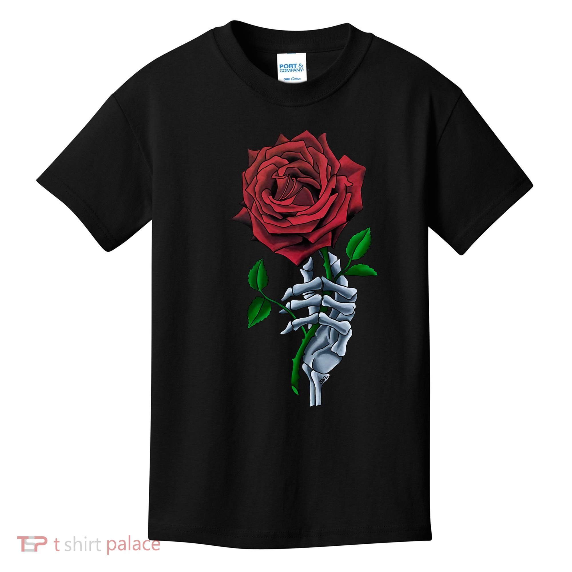Skeleton Hand Red Rose Flower Kids T-Shirt