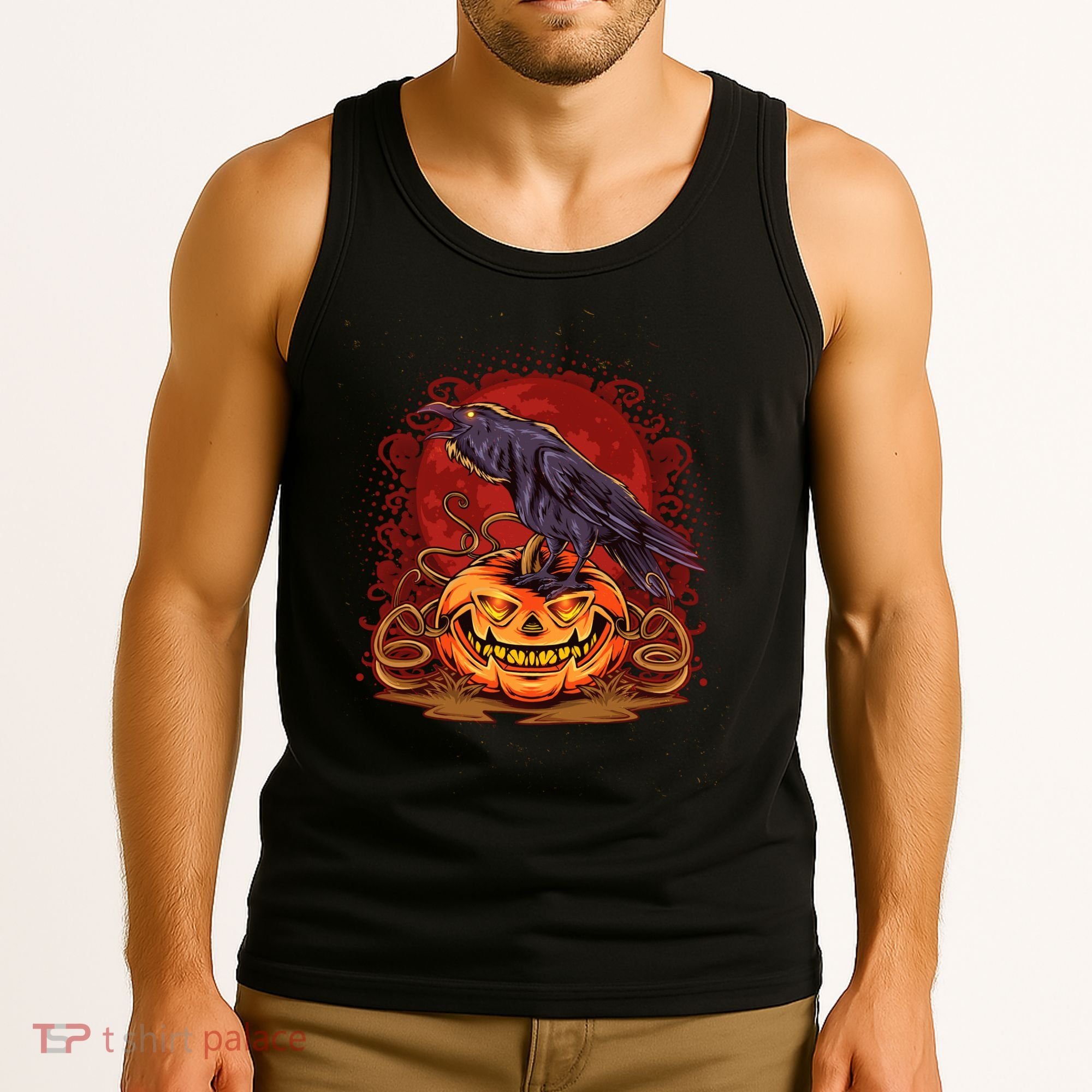 Spooky Halloween Raven Crow Jacklantern Pumpkin Tank Top