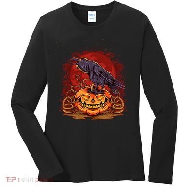 Spooky Halloween Raven Crow Jacklantern Pumpkin Women's Long Sleeve Shirt