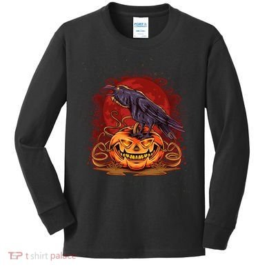 Spooky Halloween Raven Crow Jacklantern Pumpkin Kids Long Sleeve Shirt