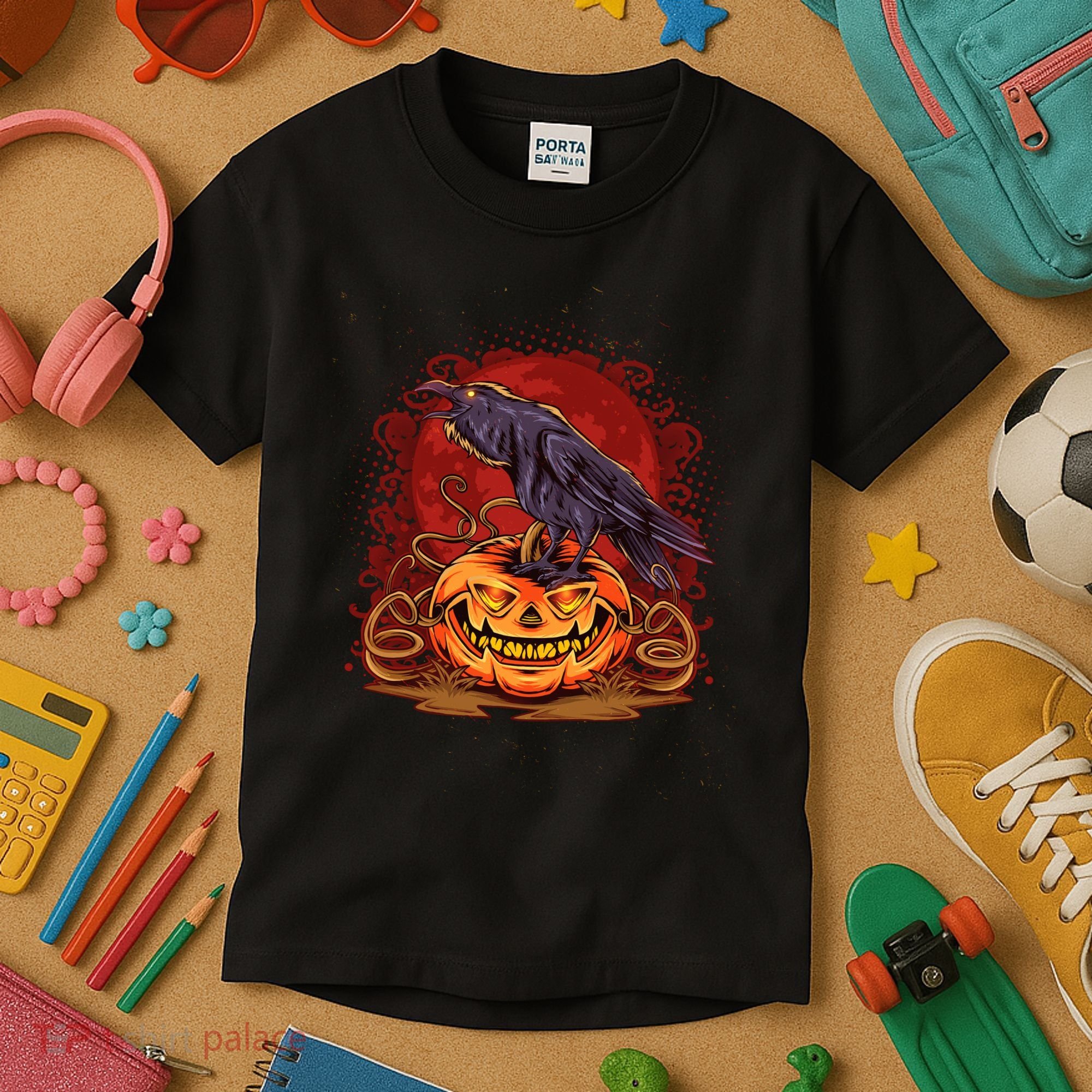 Spooky Halloween Raven Crow Jacklantern Pumpkin Kids T-Shirt