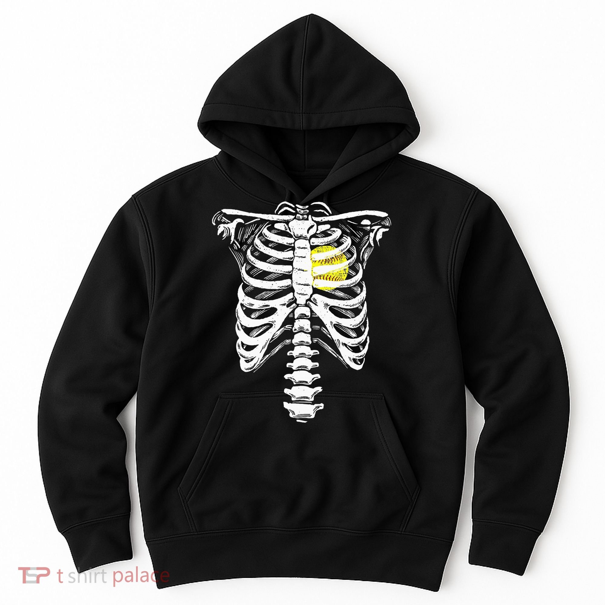 Softball Heart Skeleton Rib Cage Halloween Love Softball Hoodie