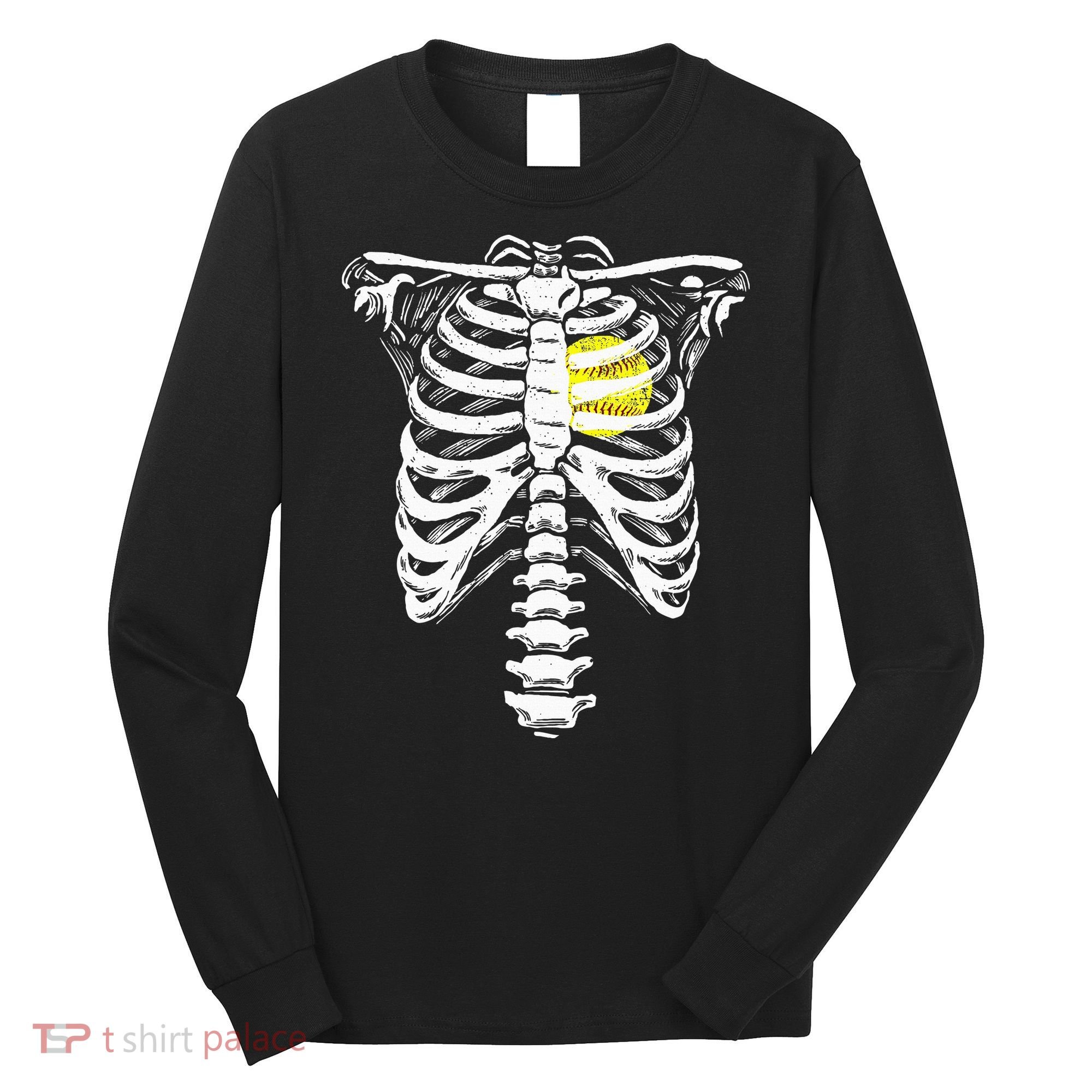 Softball Heart Skeleton Rib Cage Halloween Love Softball Long Sleeve Shirt