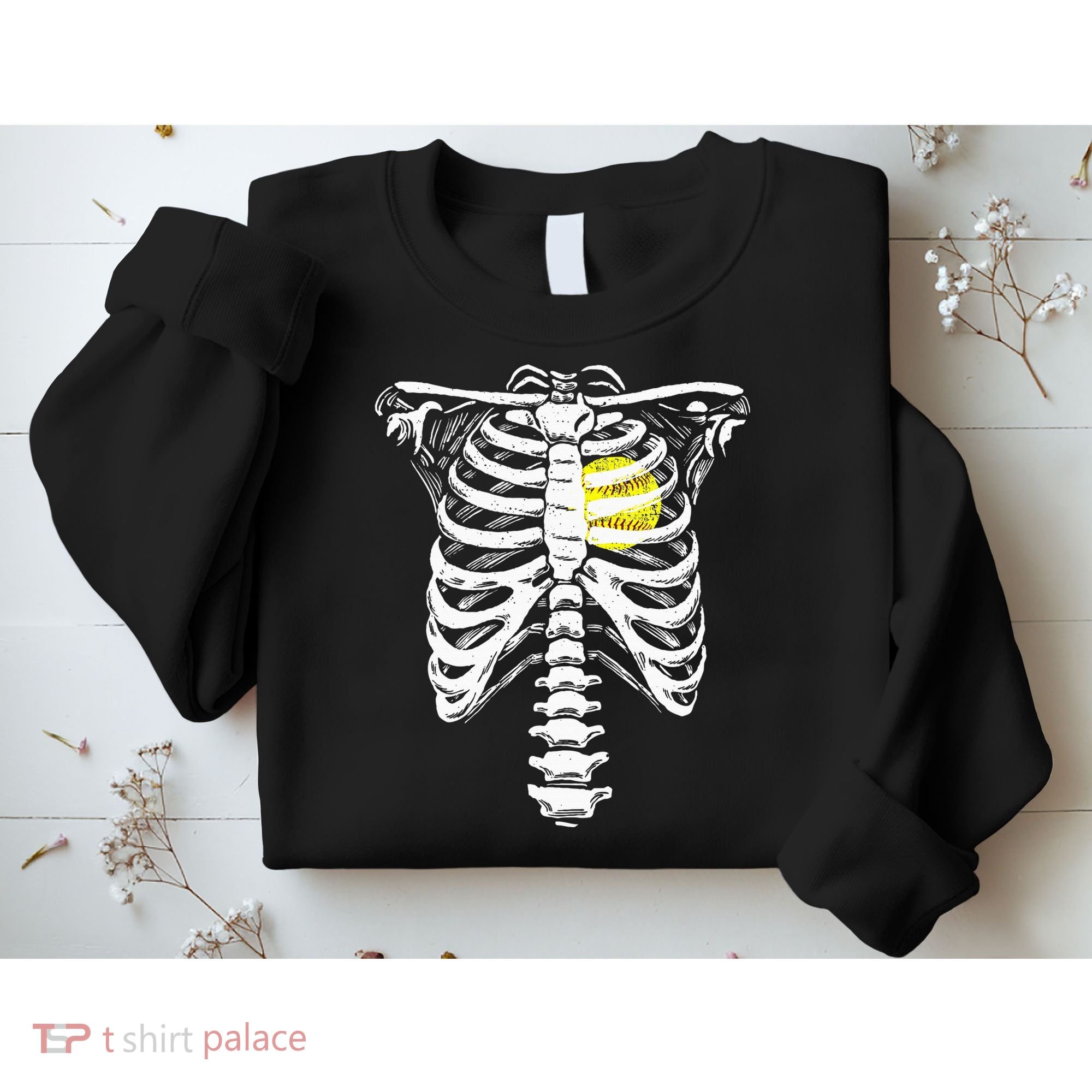 Softball Heart Skeleton Rib Cage Halloween Love Softball Sweatshirt