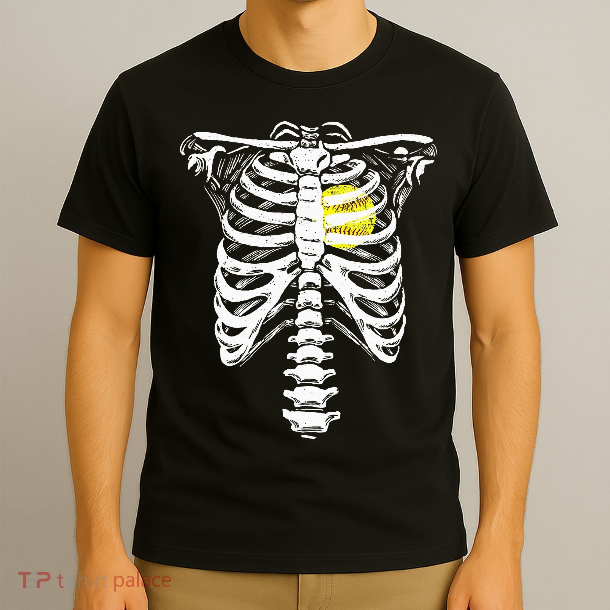 Softball Heart Skeleton Rib Cage Halloween Love Softball T-Shirt
