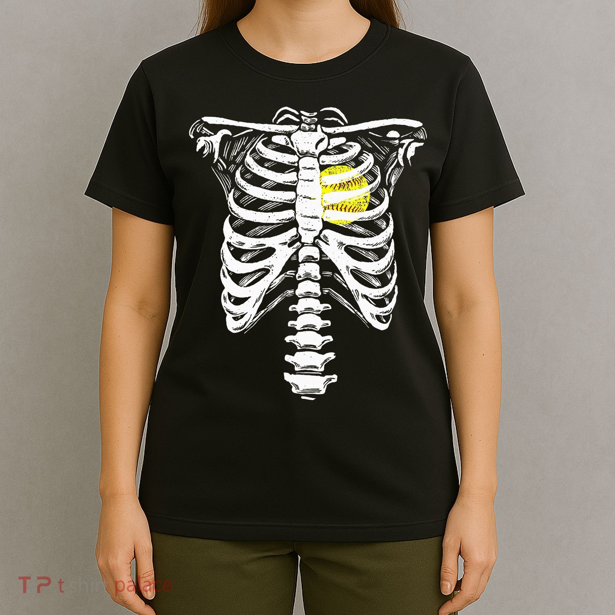 Softball Heart Skeleton Rib Cage Halloween Love Softball T-Shirt