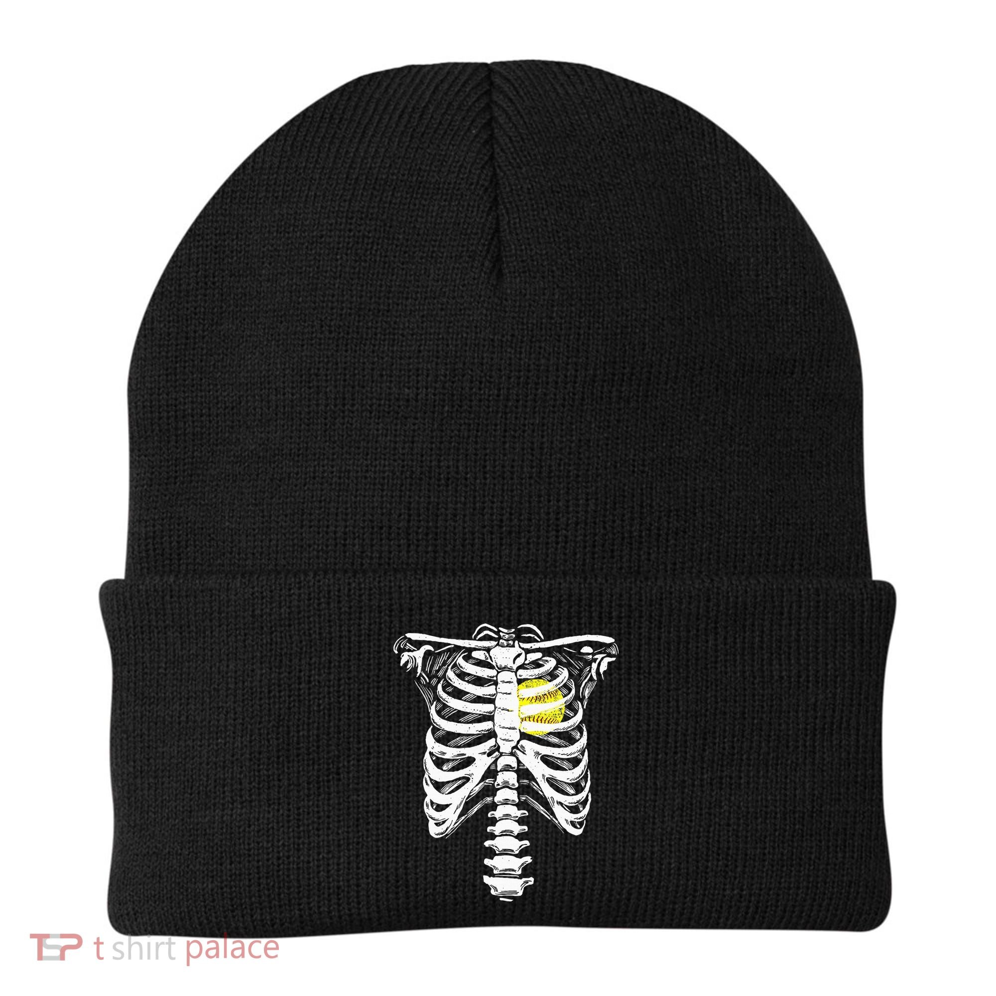 Softball Heart Skeleton Rib Cage Halloween Love Softball Beanie