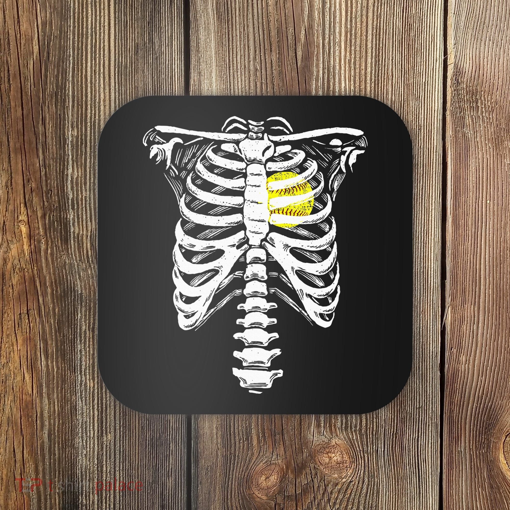 Softball Heart Skeleton Rib Cage Halloween Love Softball Coaster