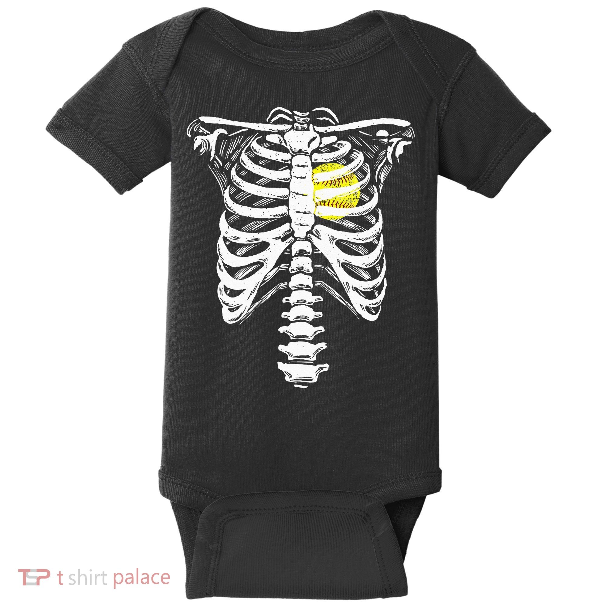 Softball Heart Skeleton Rib Cage Halloween Love Softball Baby Bodysuit