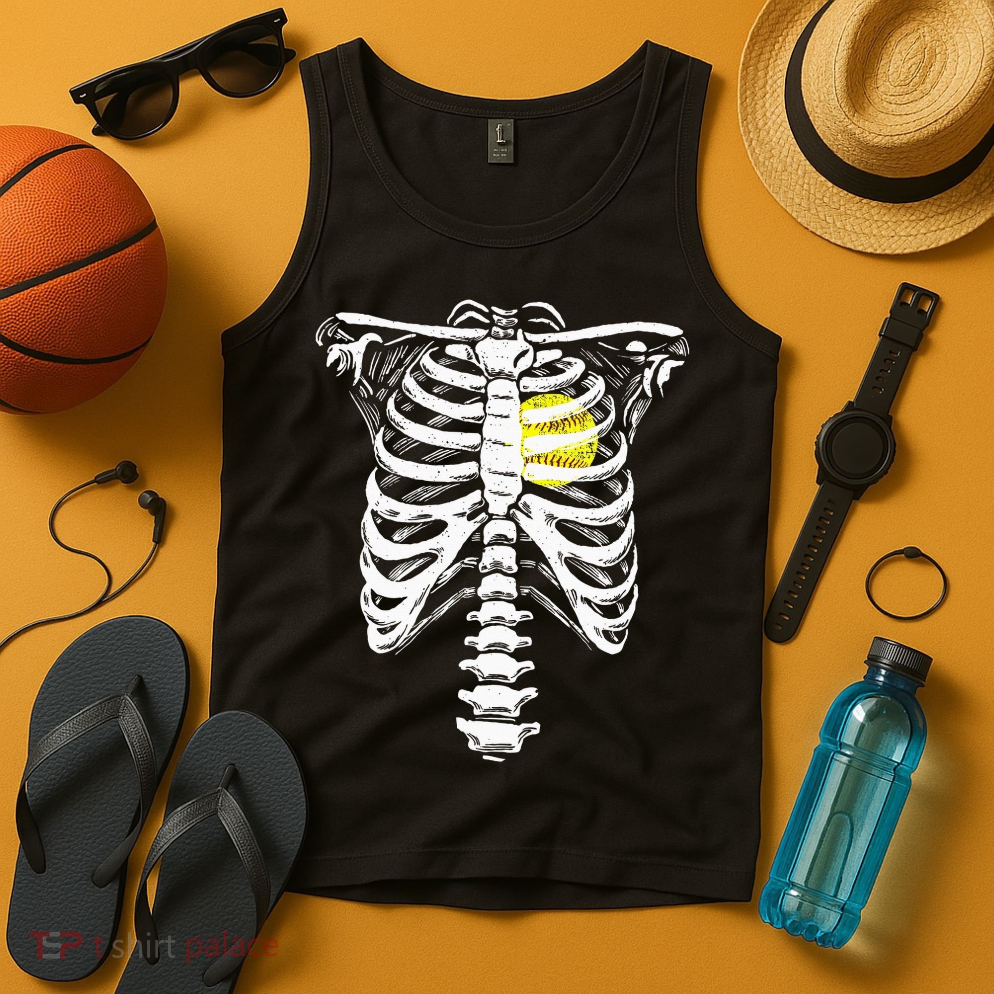 Softball Heart Skeleton Rib Cage Halloween Love Softball Tank Top