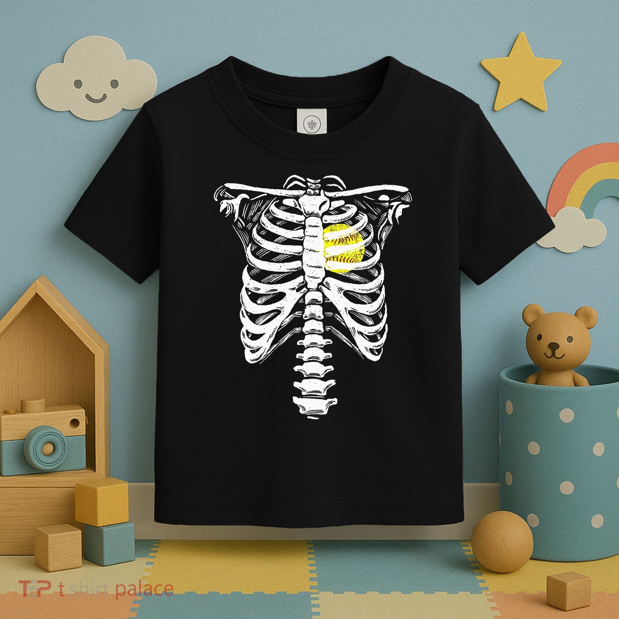 Softball Heart Skeleton Rib Cage Halloween Love Softball Toddler T-Shirt