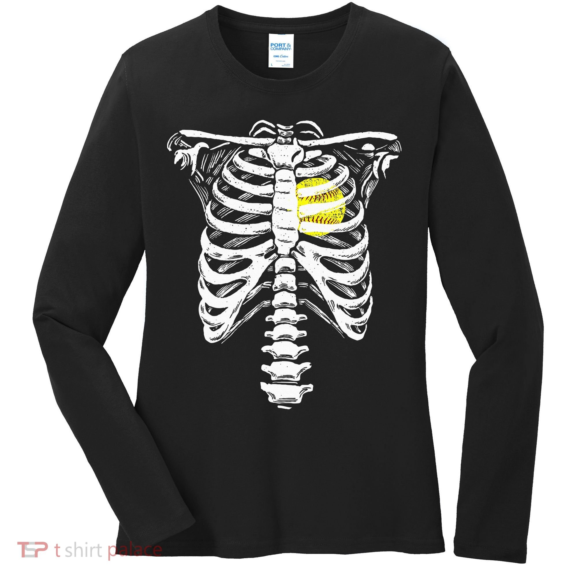 Softball Heart Skeleton Rib Cage Halloween Love Softball Women's Long Sleeve Shirt