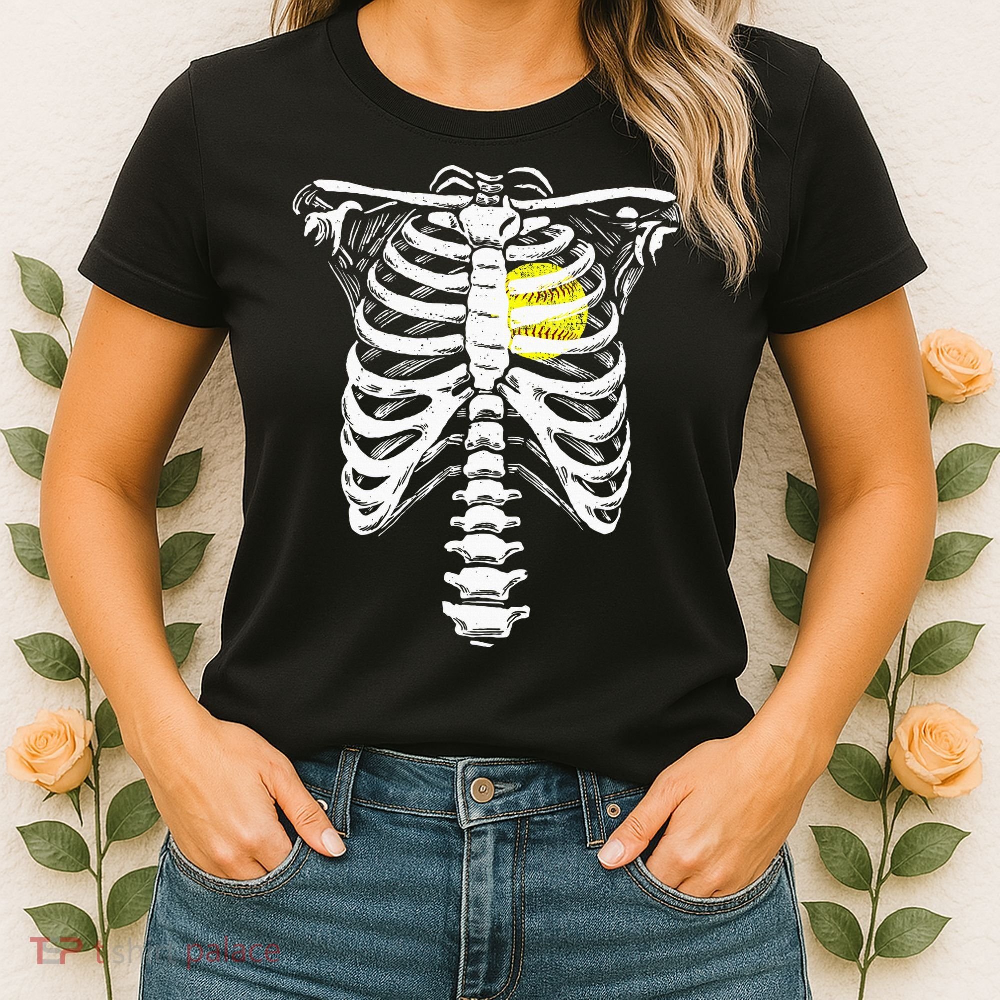 Softball Heart Skeleton Rib Cage Halloween Love Softball Women's T-Shirt