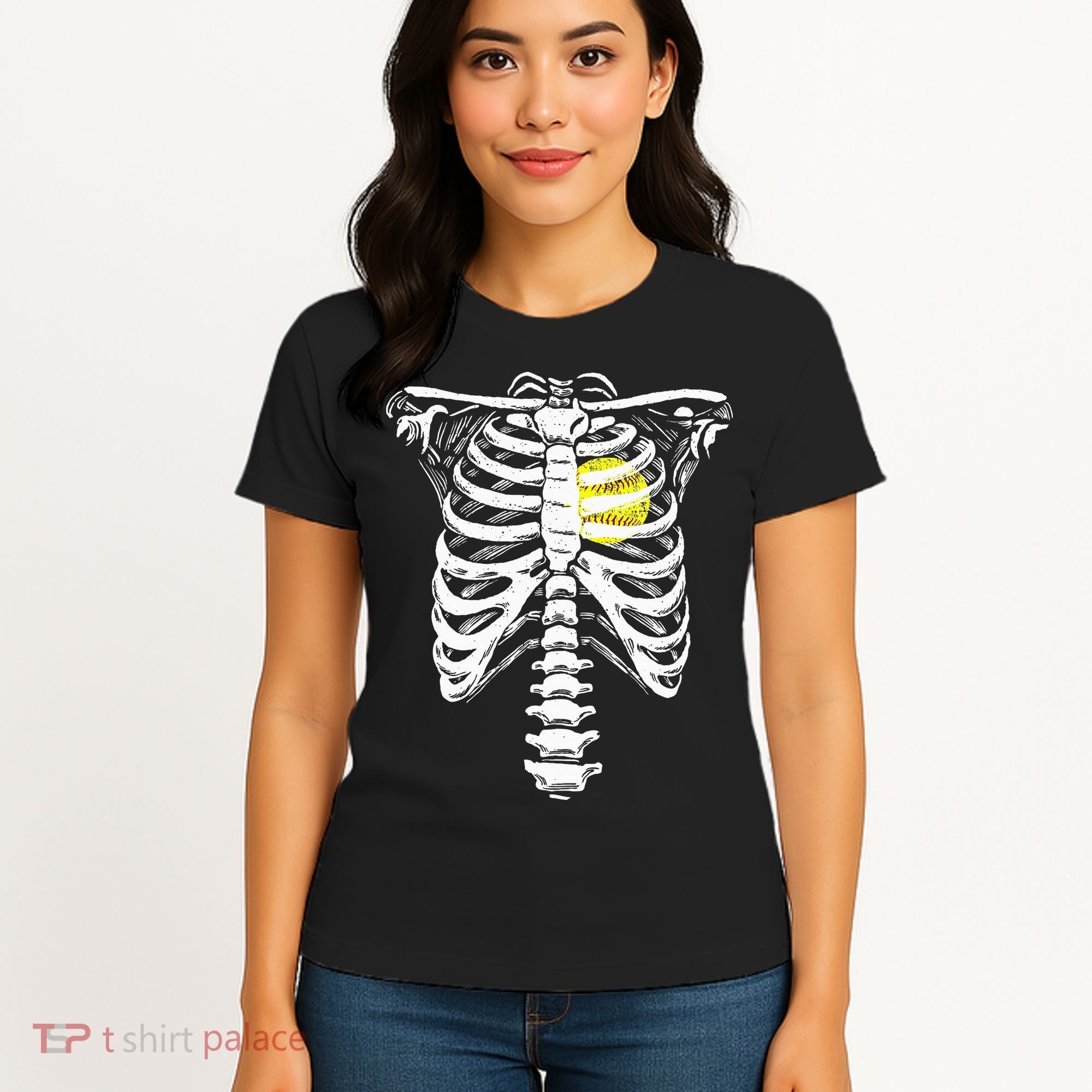 Softball Heart Skeleton Rib Cage Halloween Love Softball Women's T-Shirt