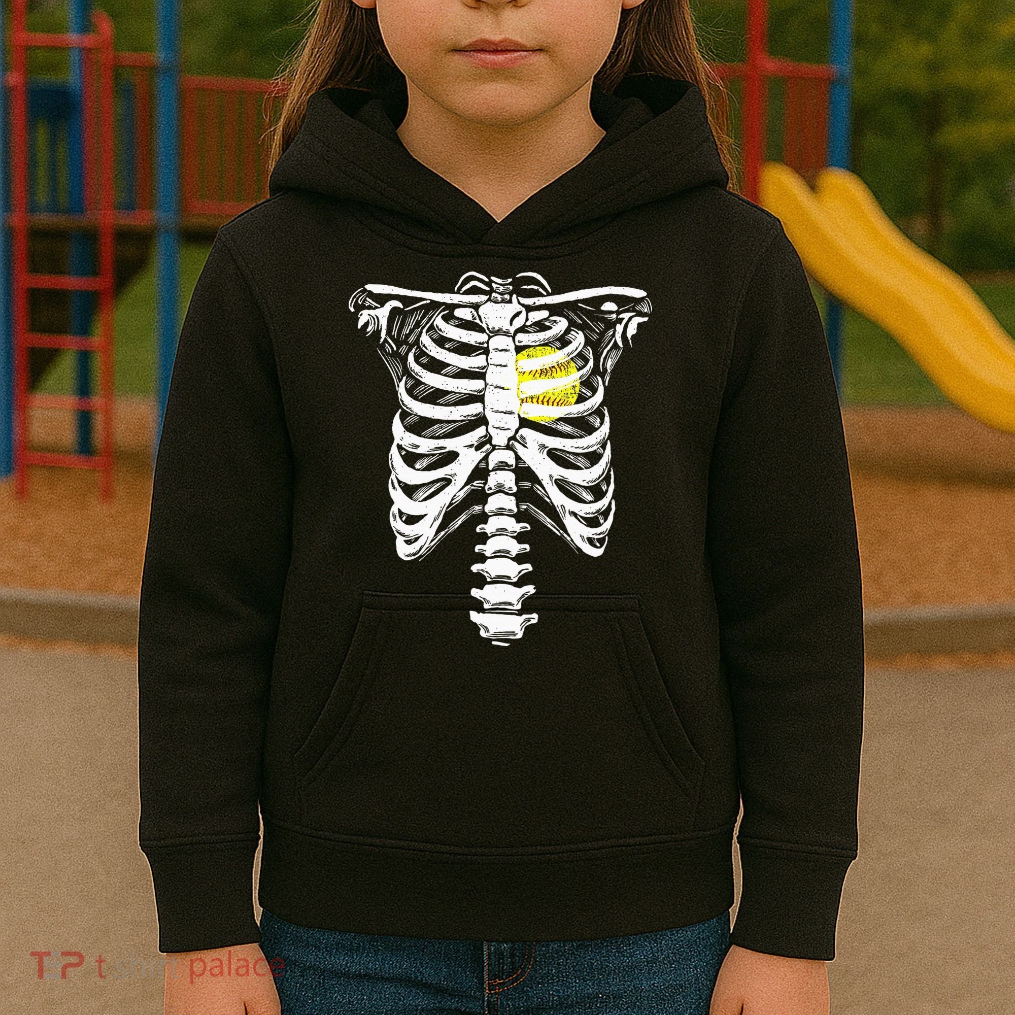 Softball Heart Skeleton Rib Cage Halloween Love Softball Kids Hoodie