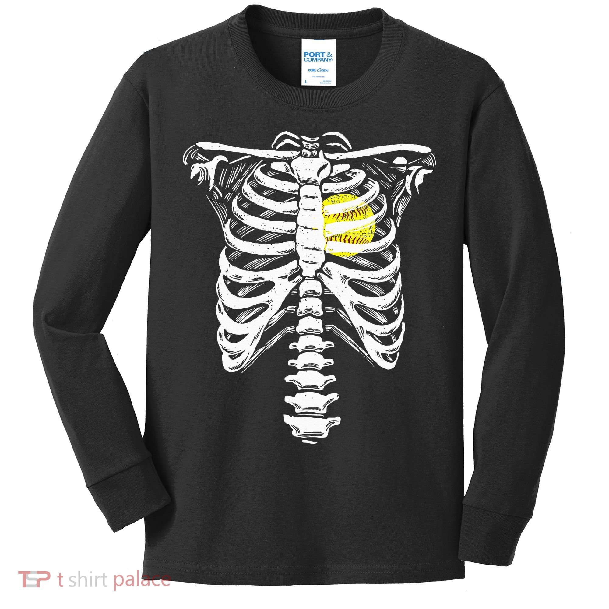 Softball Heart Skeleton Rib Cage Halloween Love Softball Kids Long Sleeve Shirt