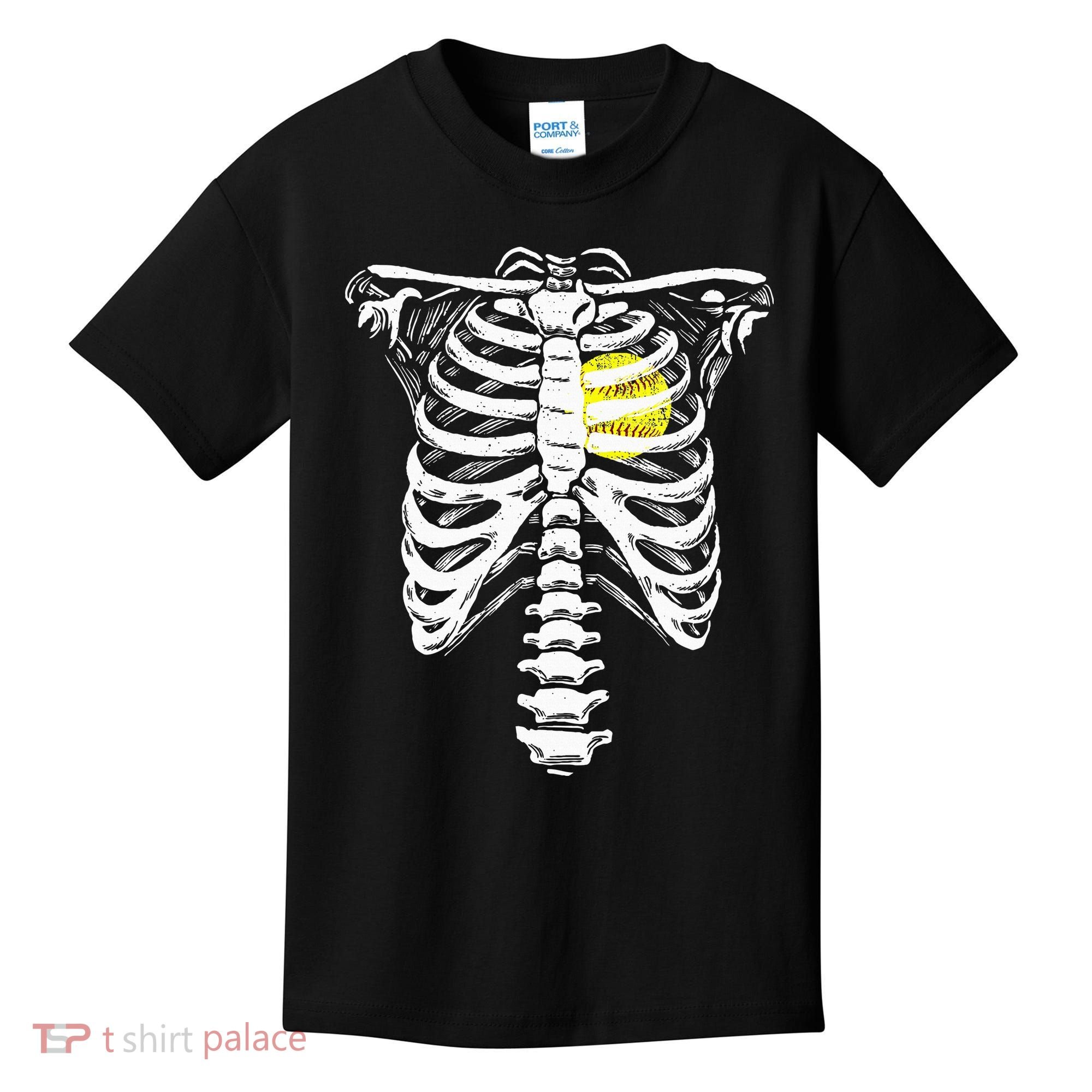 Softball Heart Skeleton Rib Cage Halloween Love Softball Kids T-Shirt