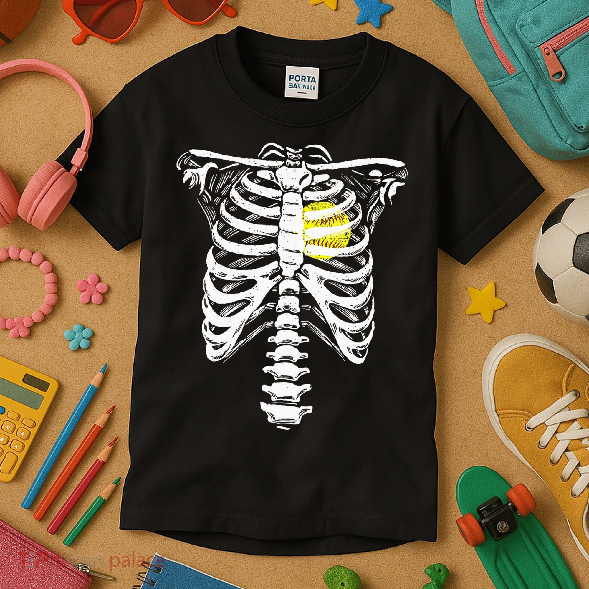 Softball Heart Skeleton Rib Cage Halloween Love Softball Kids T-Shirt