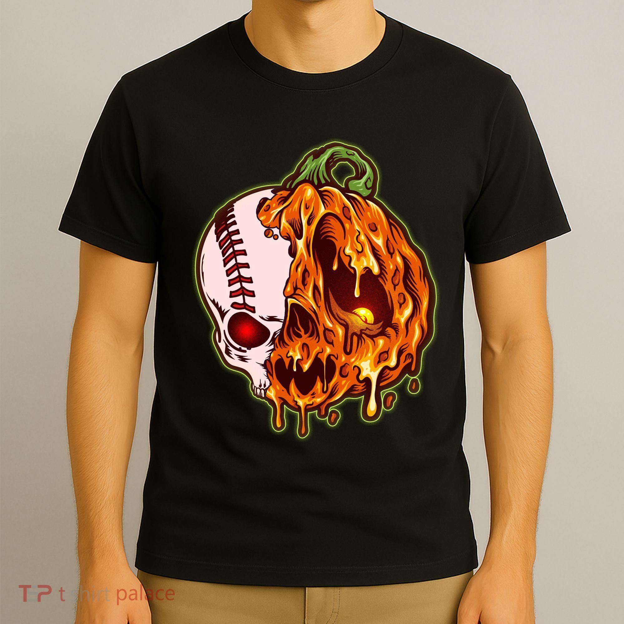 Spooky Halloween Skull Pumpkin Baseball T-Shirt