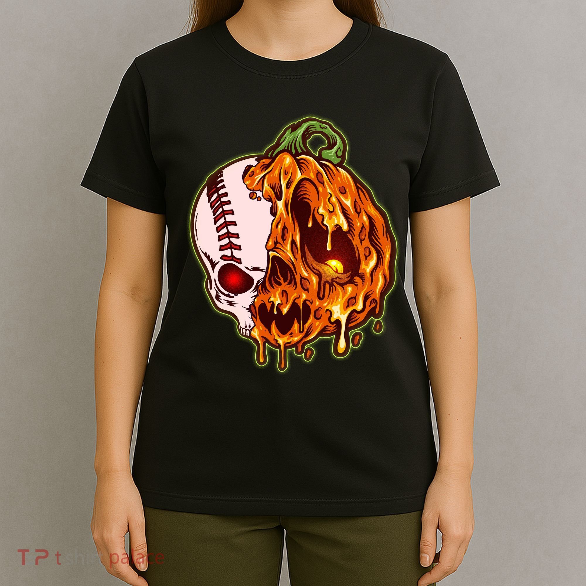 Spooky Halloween Skull Pumpkin Baseball T-Shirt