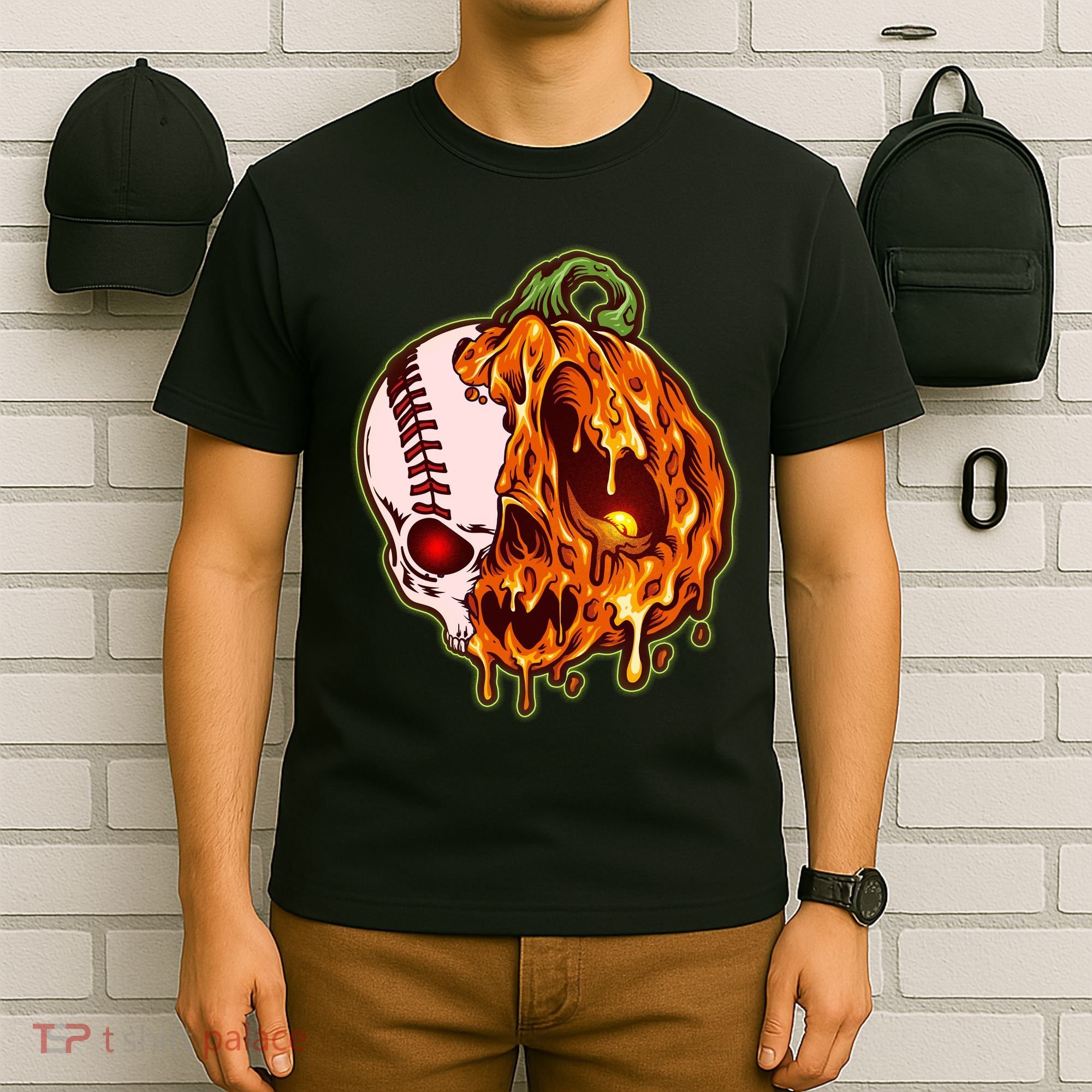 Spooky Halloween Skull Pumpkin Baseball T-Shirt