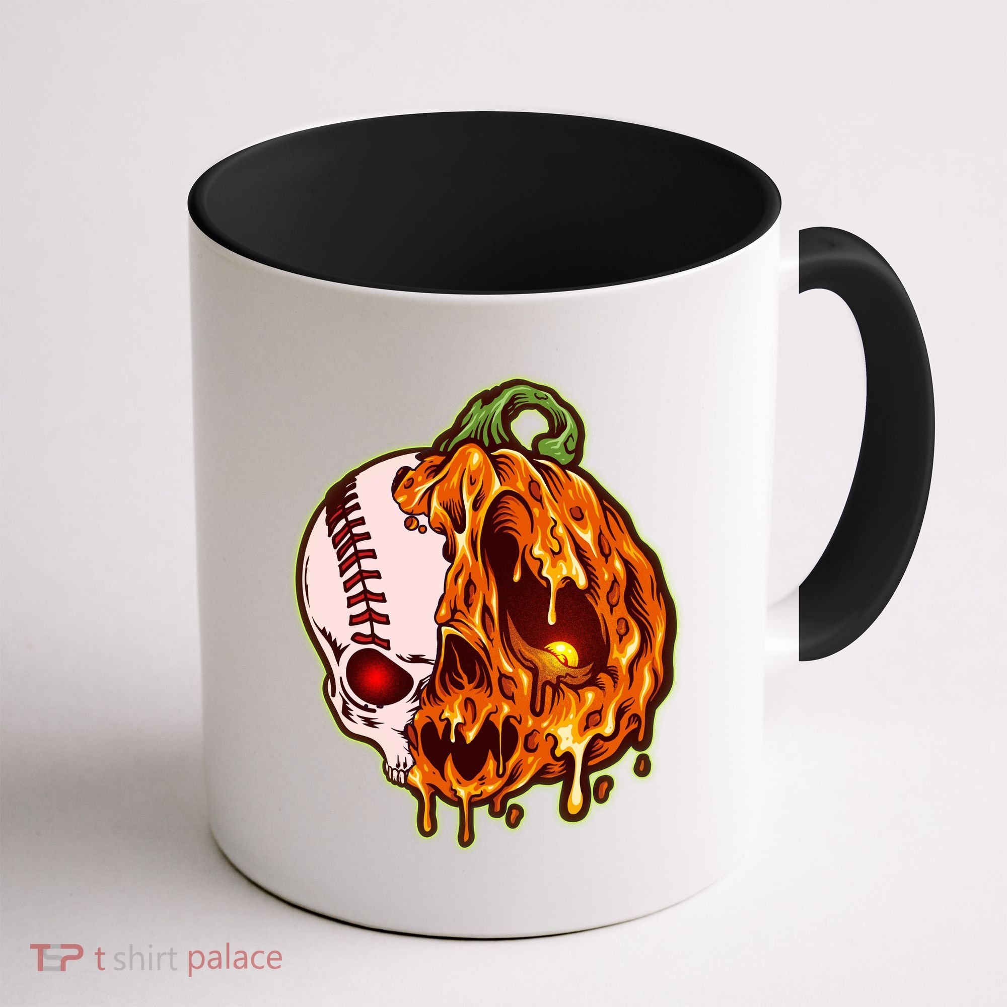 Spooky Halloween Skull Pumpkin Baseball Coffee Mug