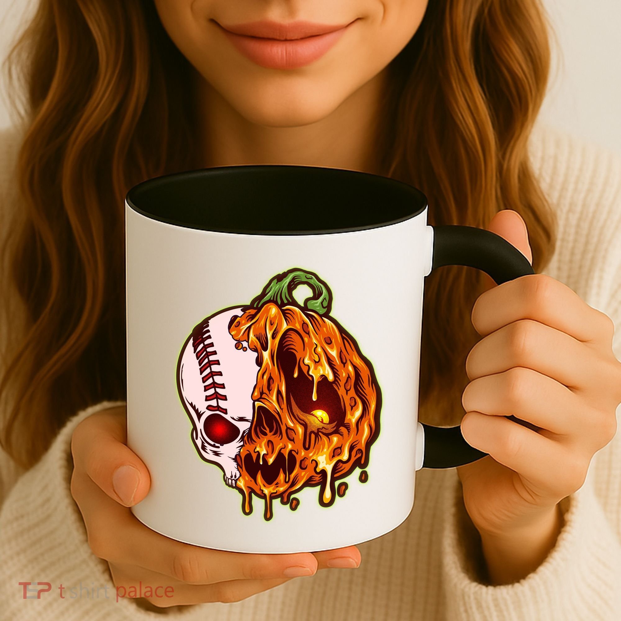 Spooky Halloween Skull Pumpkin Baseball Coffee Mug