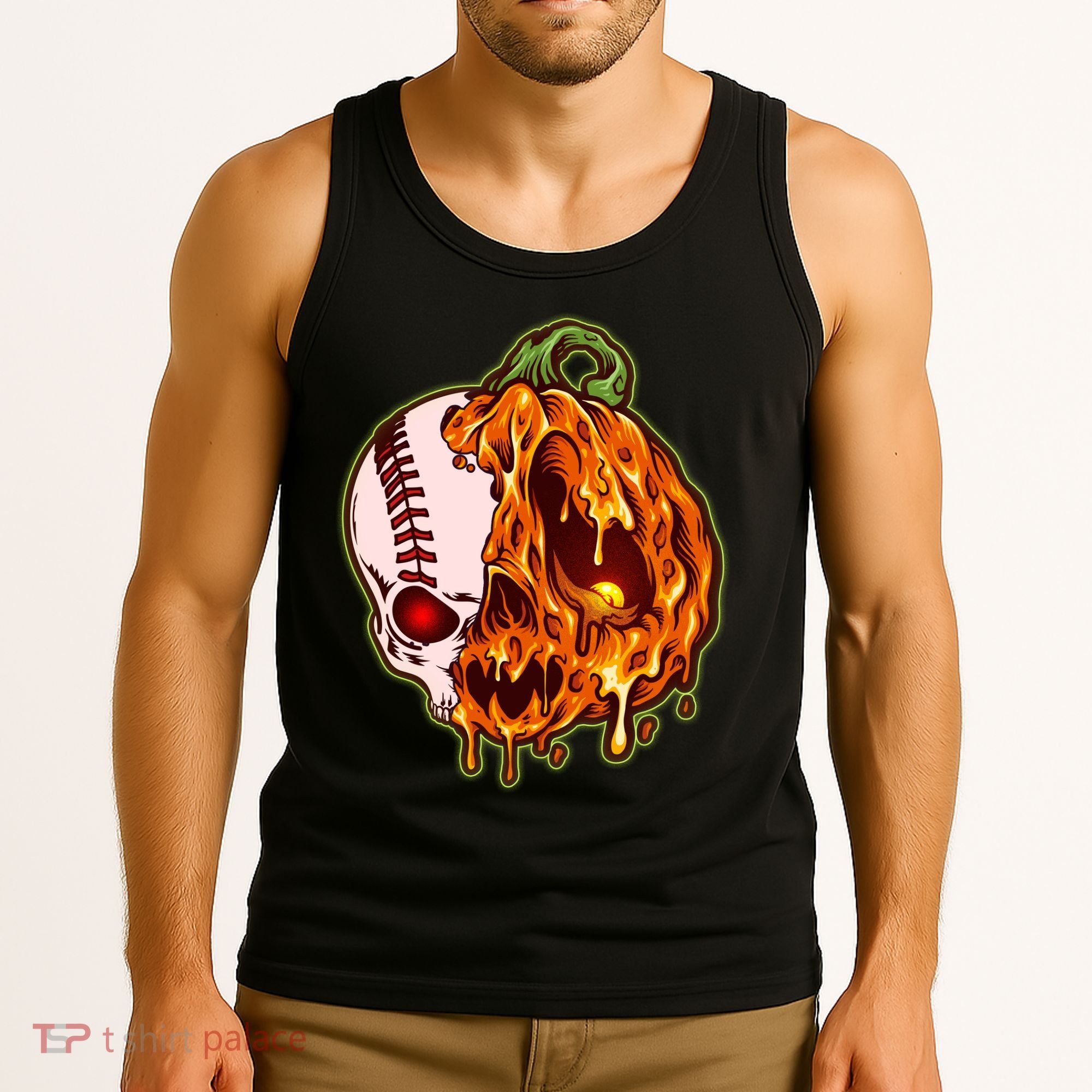 Spooky Halloween Skull Pumpkin Baseball Tank Top