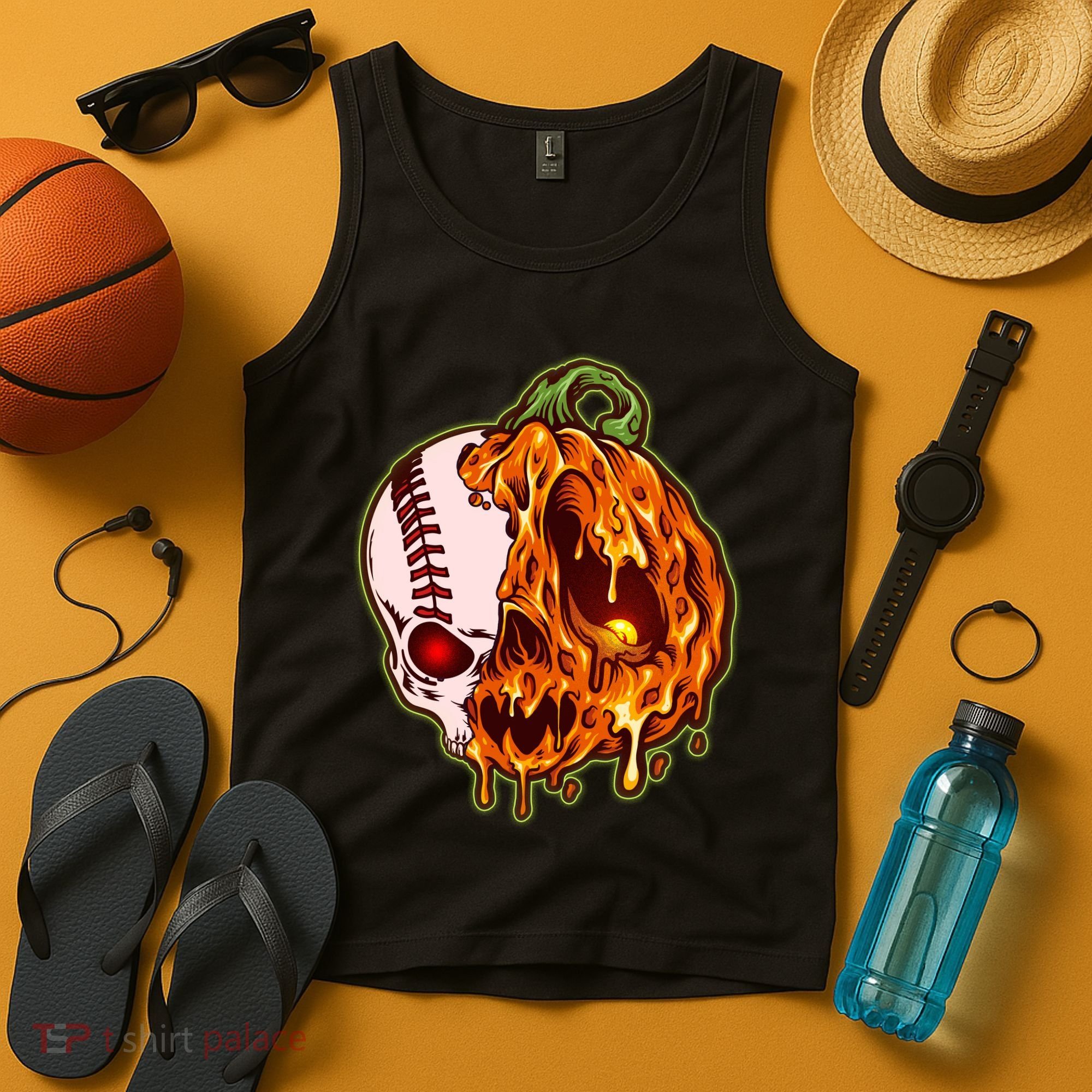 Spooky Halloween Skull Pumpkin Baseball Tank Top