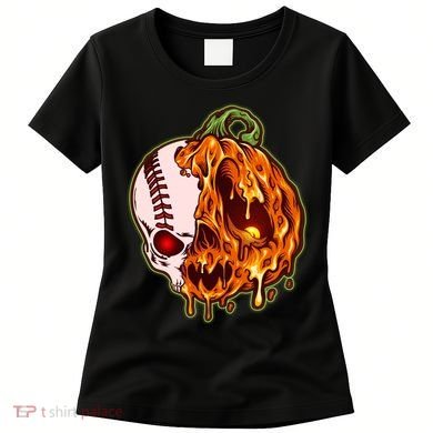 Spooky Halloween Skull Pumpkin Baseball Women's T-Shirt