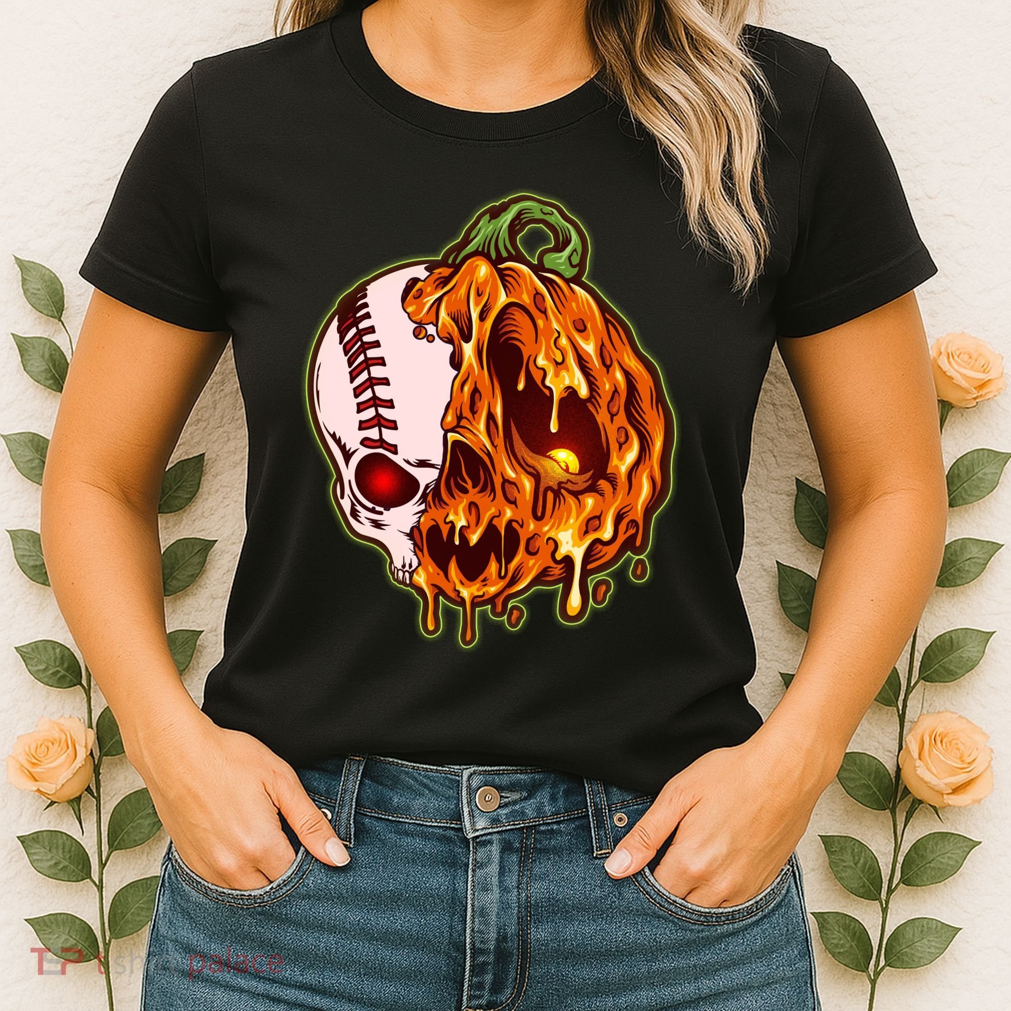Spooky Halloween Skull Pumpkin Baseball Women's T-Shirt