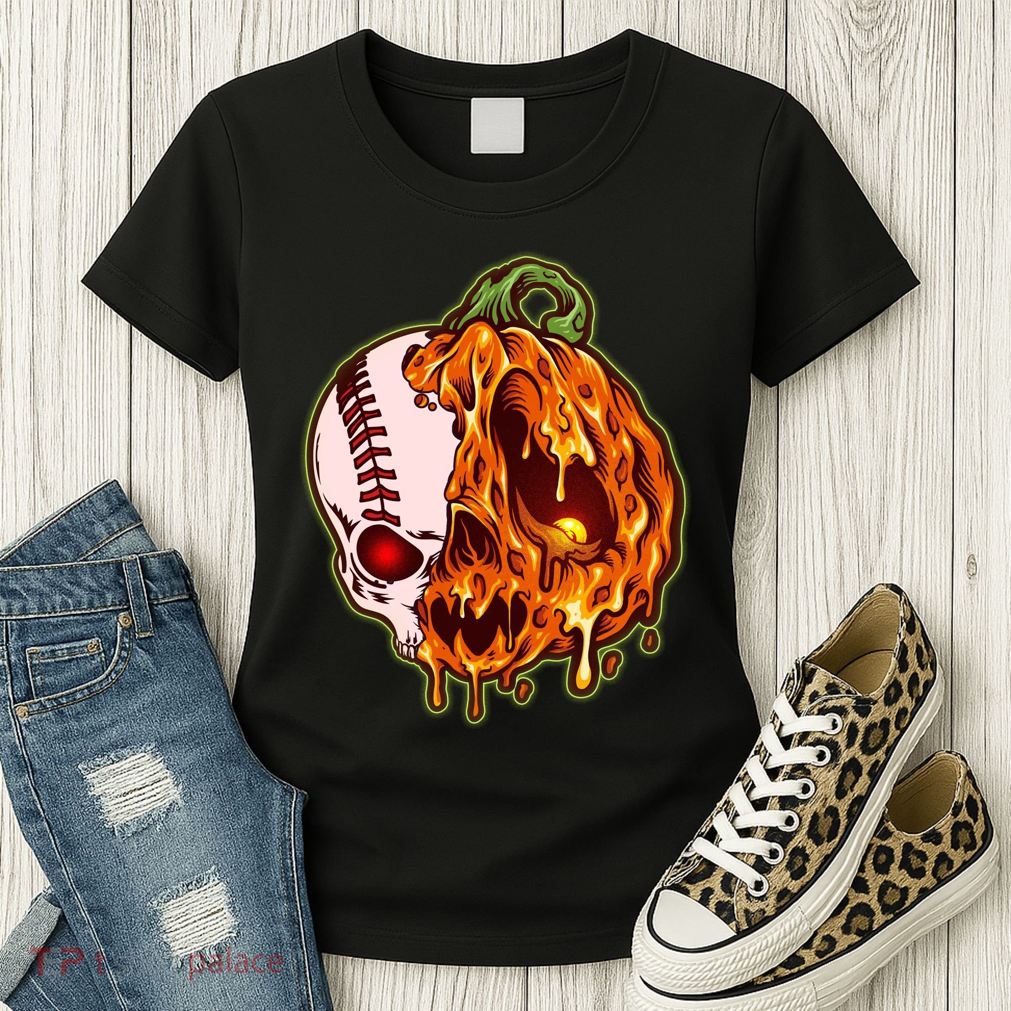 Spooky Halloween Skull Pumpkin Baseball Women's T-Shirt