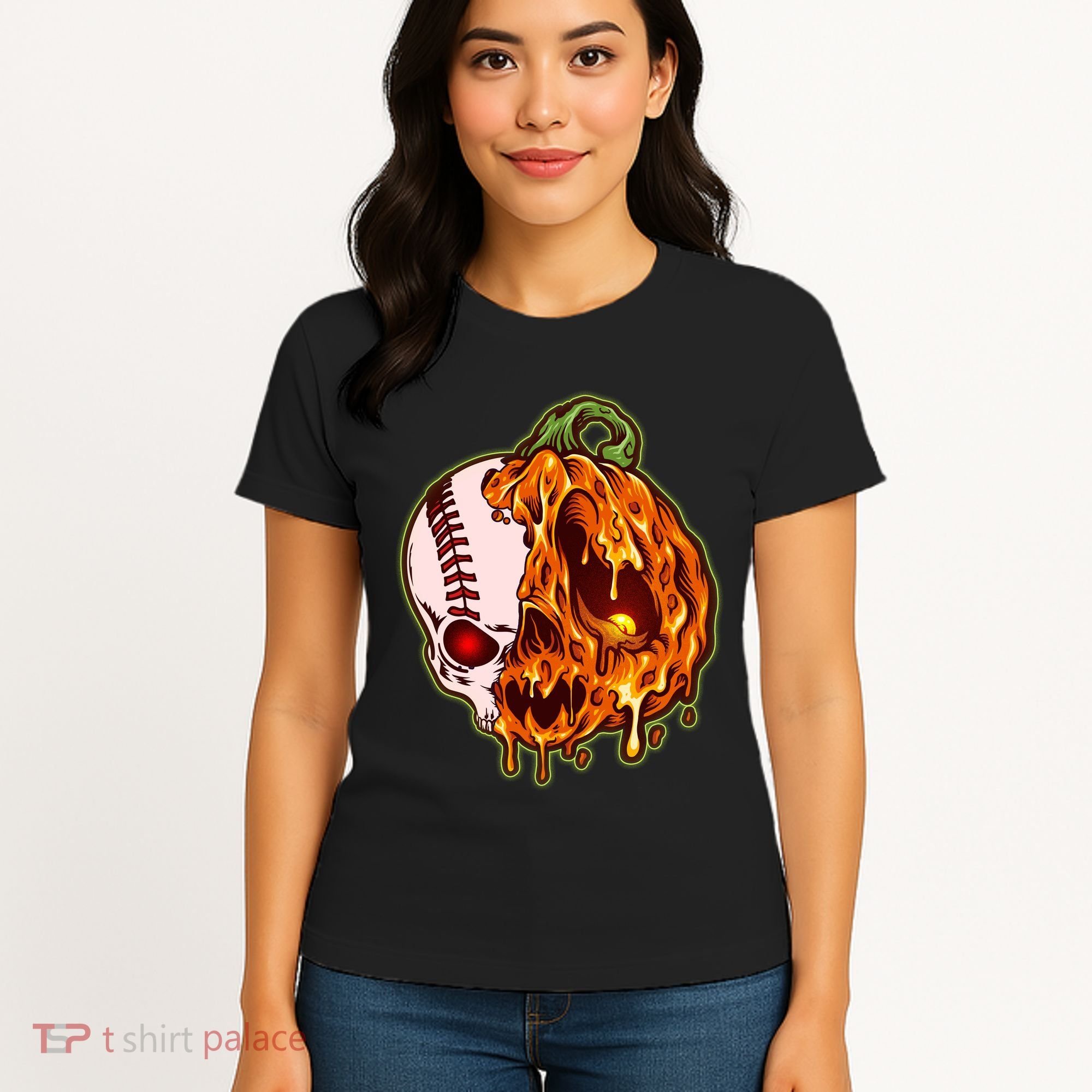 Spooky Halloween Skull Pumpkin Baseball Women's T-Shirt