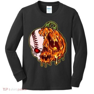 Spooky Halloween Skull Pumpkin Baseball Kids Long Sleeve Shirt