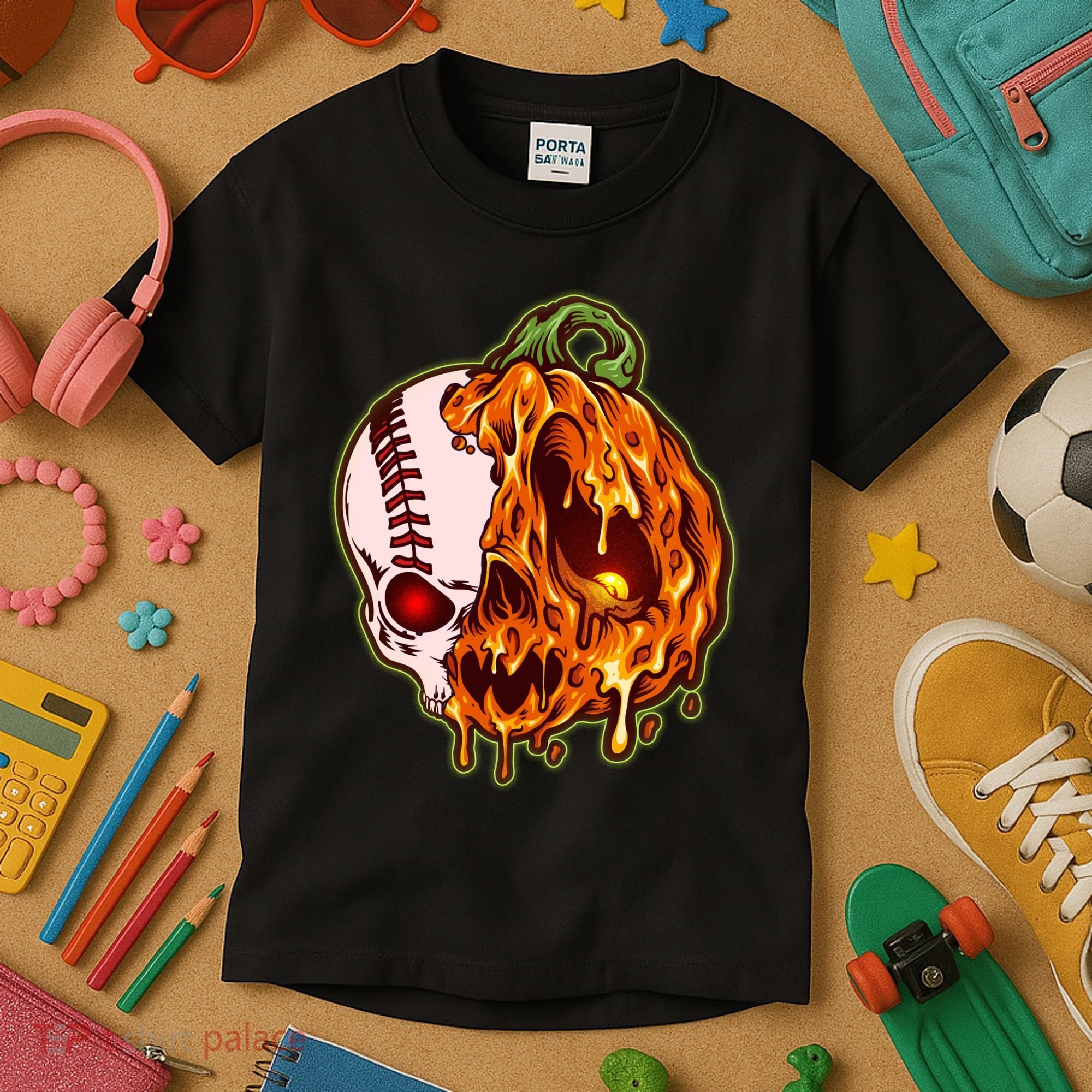 Spooky Halloween Skull Pumpkin Baseball Kids T-Shirt