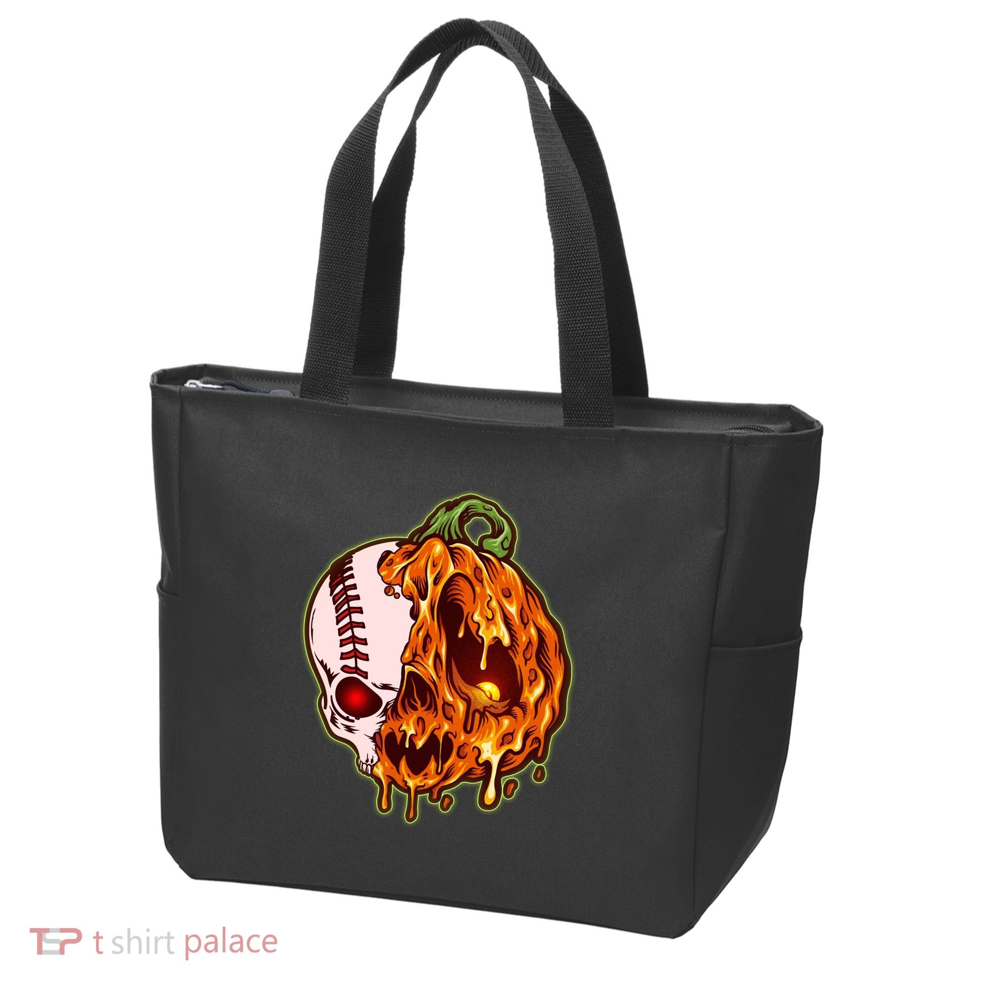 Spooky Halloween Skull Pumpkin Baseball Tote Bag