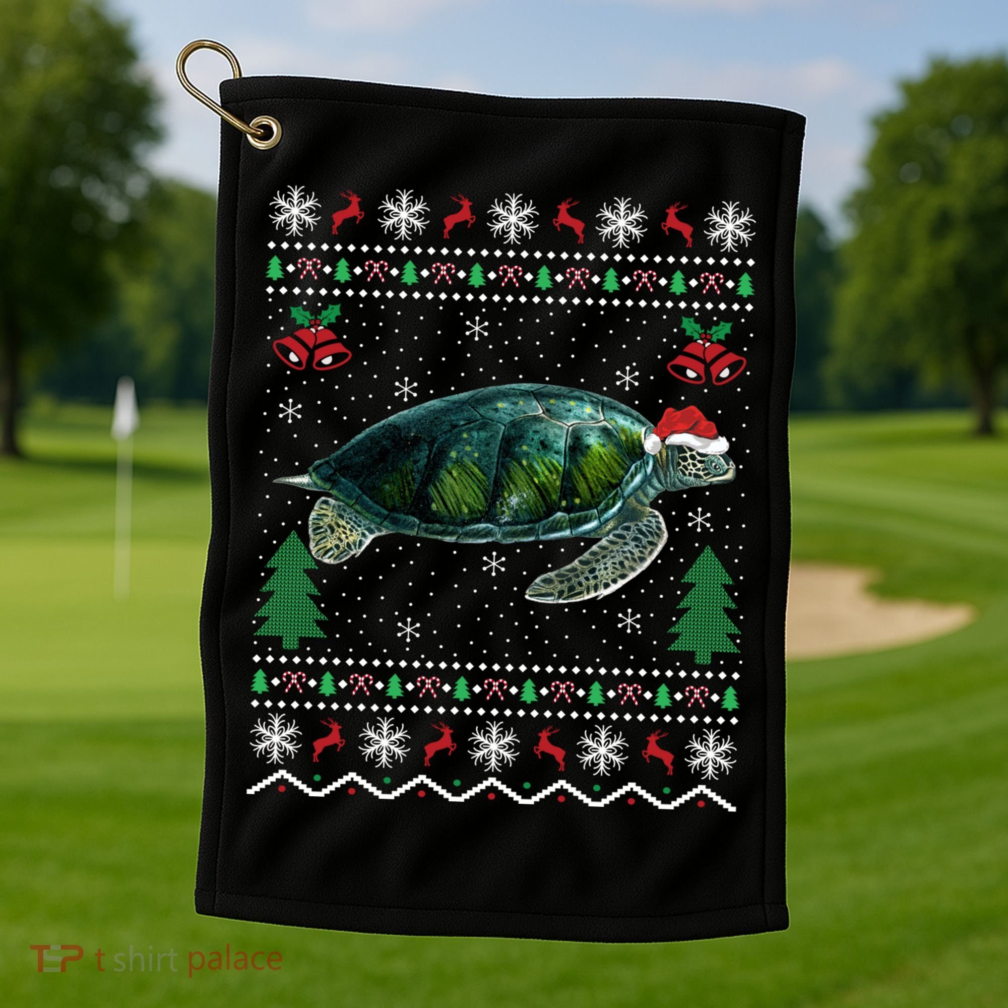 Santa Hat Sea Turtles Lover Xmas Gift Ugly Turtle Christmas Gift Golf Towel