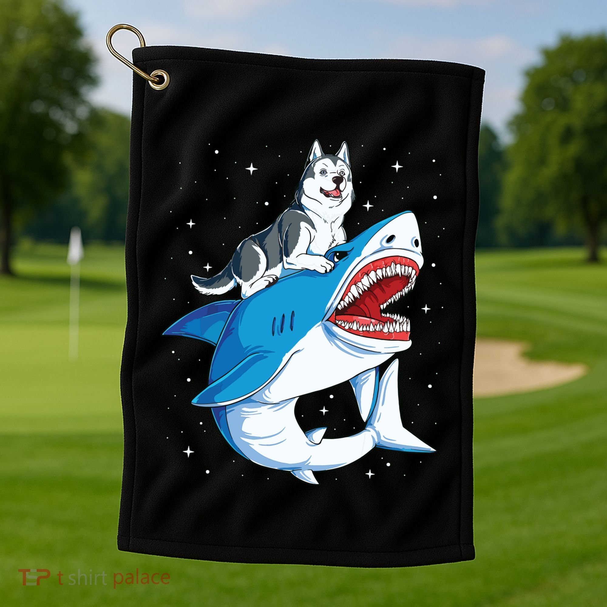 Siberian Husky Shark Jawsome Dog Lover Gifts Space Galaxy Golf Towel
