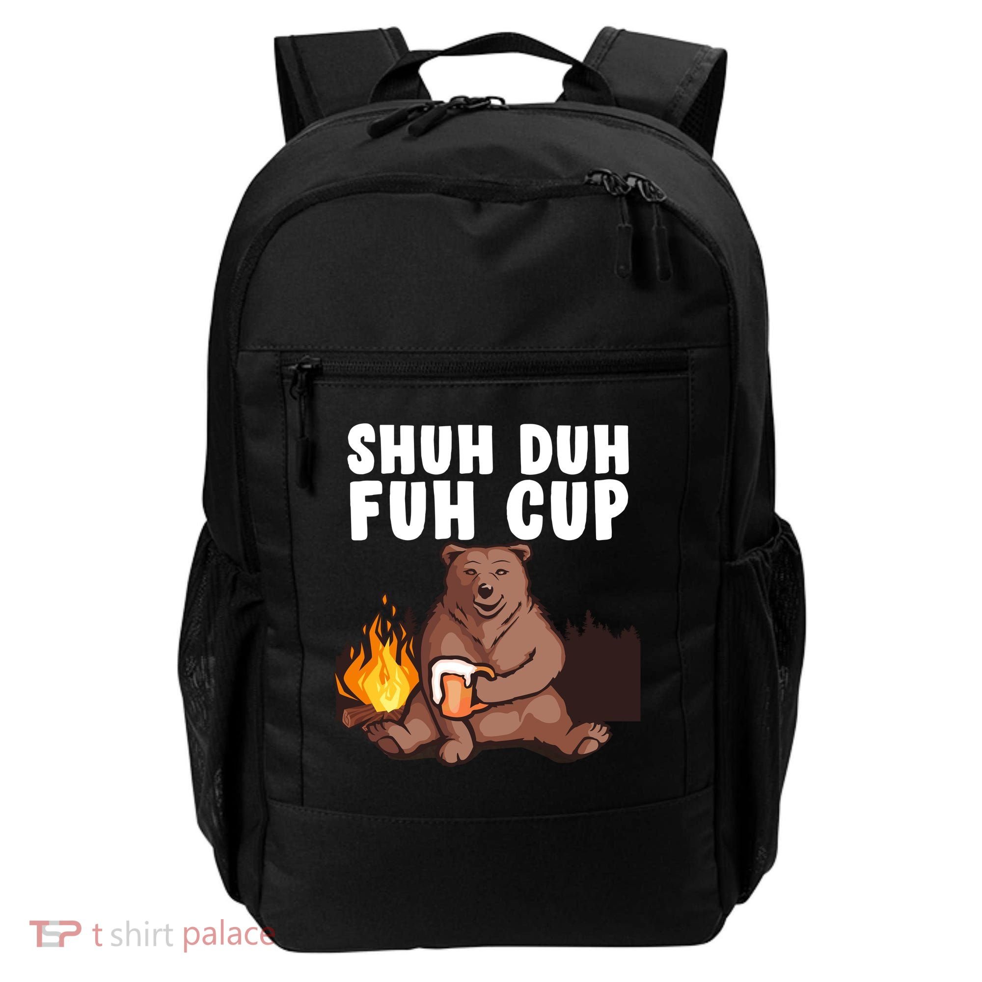 Shuh Duh Fuh Cup Bear Drinking Beer Camping Backpack