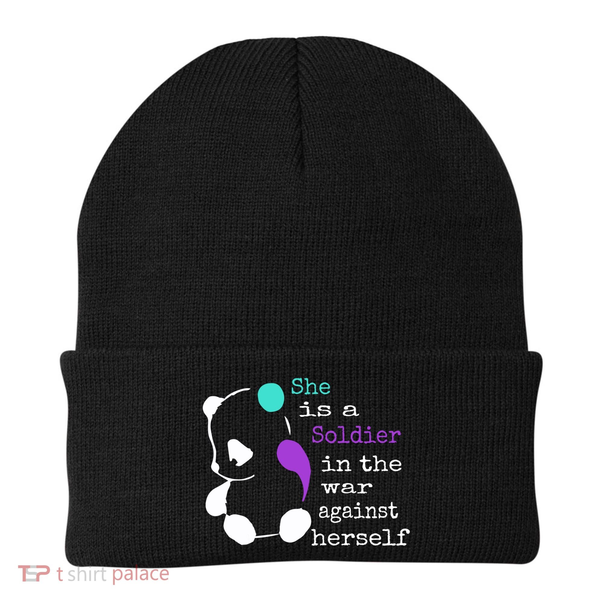 She Is A Soldier Semicolon Gift Suicide Prevention Awareness Gift Beanie