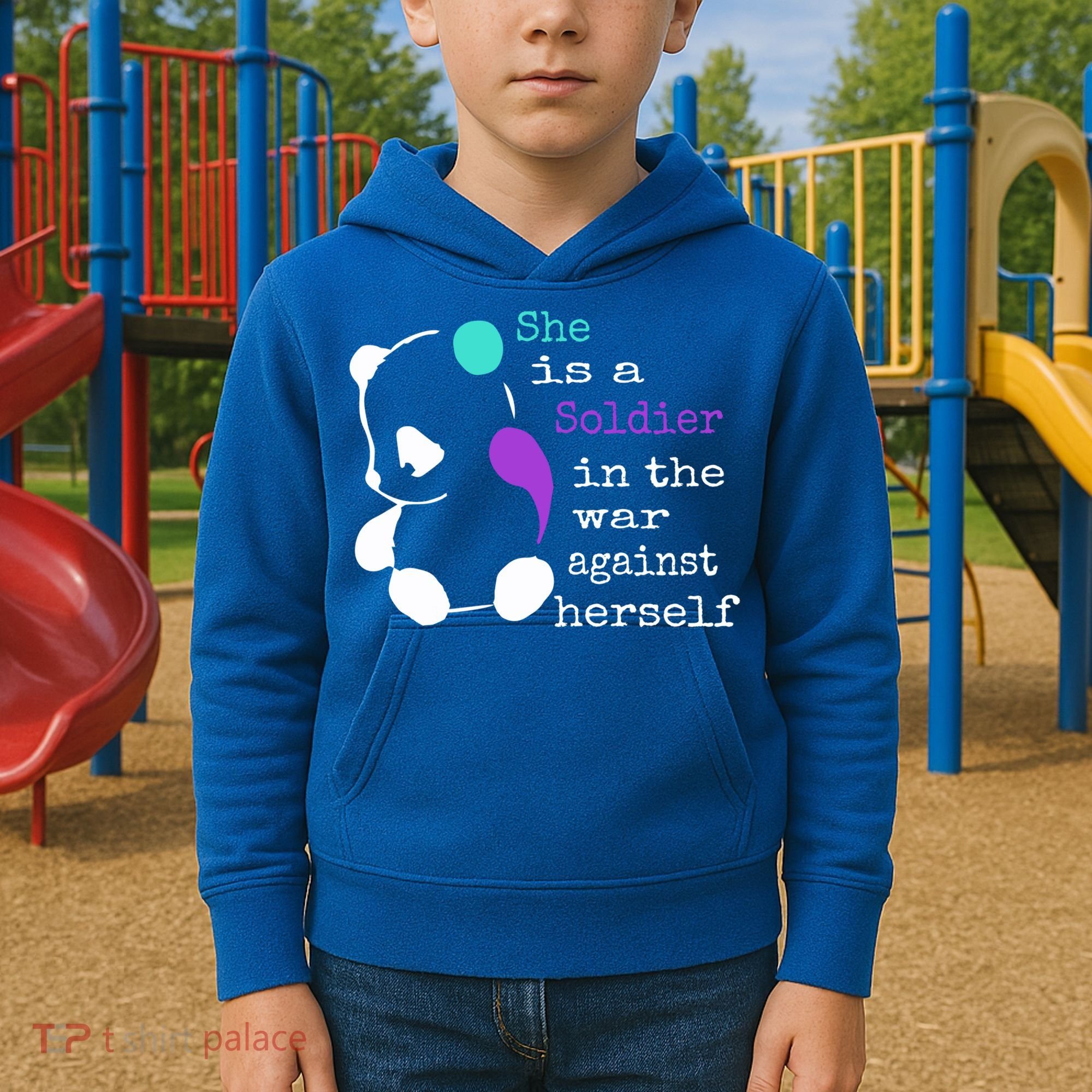 She Is A Soldier Semicolon Gift Suicide Prevention Awareness Gift Kids Hoodie
