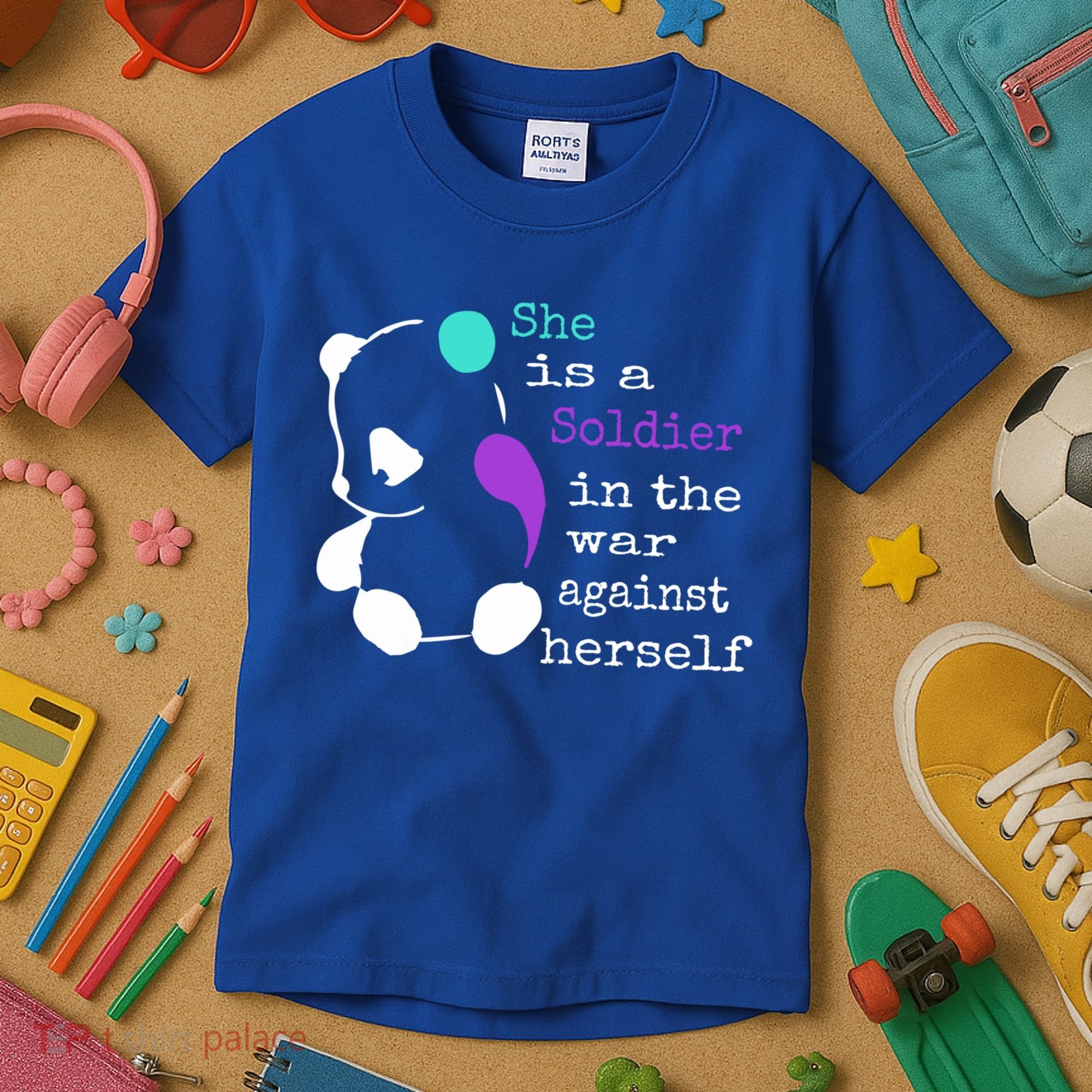 She Is A Soldier Semicolon Gift Suicide Prevention Awareness Gift Kids T-Shirt