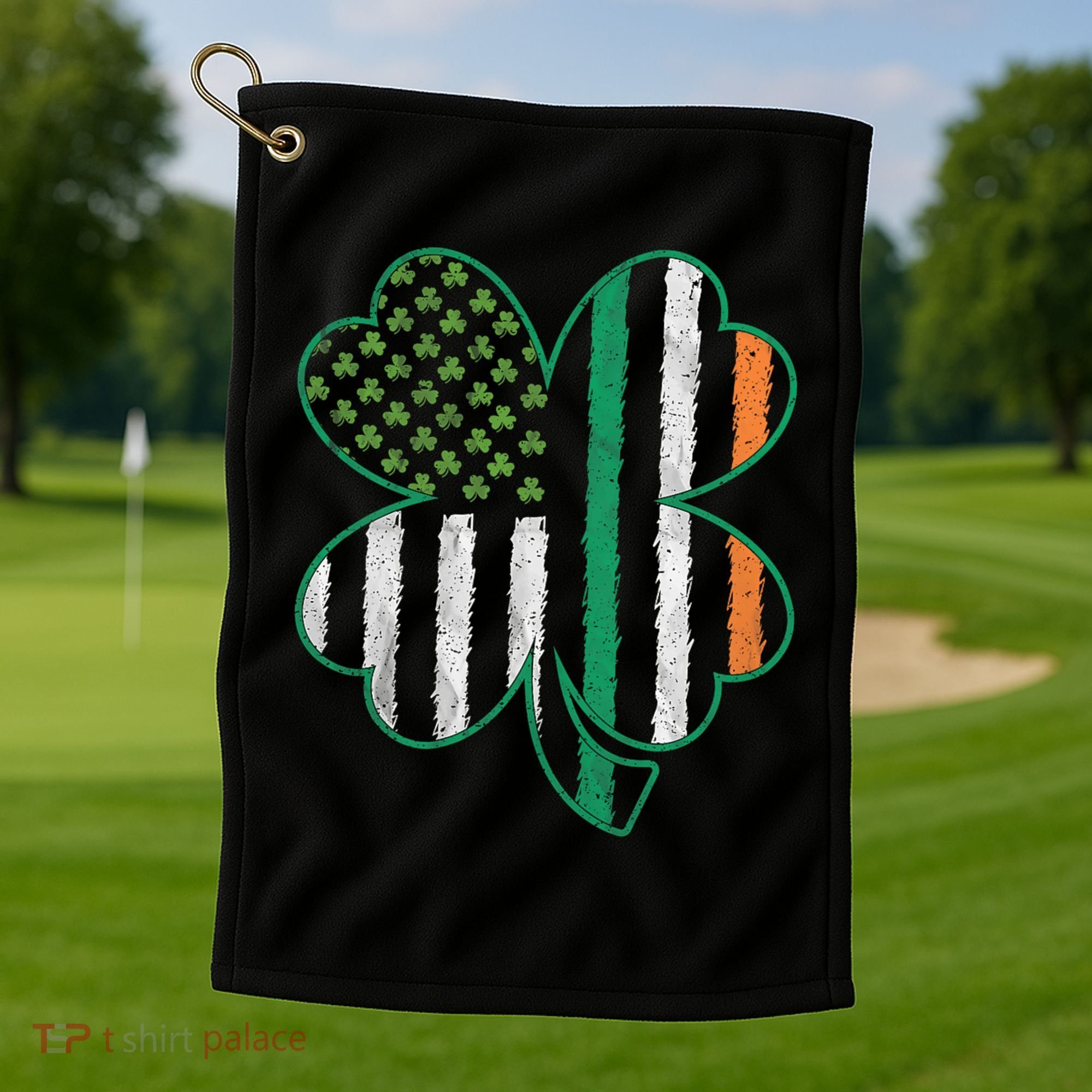 Shamrocks Irish American Flag Beautiful St Patricks Day Golf Towel