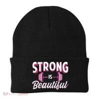 Strong Is Beautiful Pink Barbells Gym Exercise Athlete Gift Beanie thumb 0