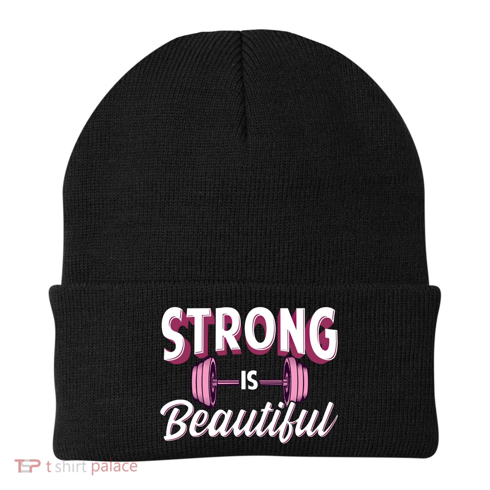 Strong Is Beautiful Pink Barbells Gym Exercise Athlete Gift Beanie