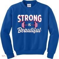 Strong Is Beautiful Pink Barbells Gym Exercise Athlete Gift Kids Sweatshirt thumb 0