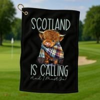Scotland Is Calling And I Must Go! Highland Cow Gift Golf Towel thumb 1